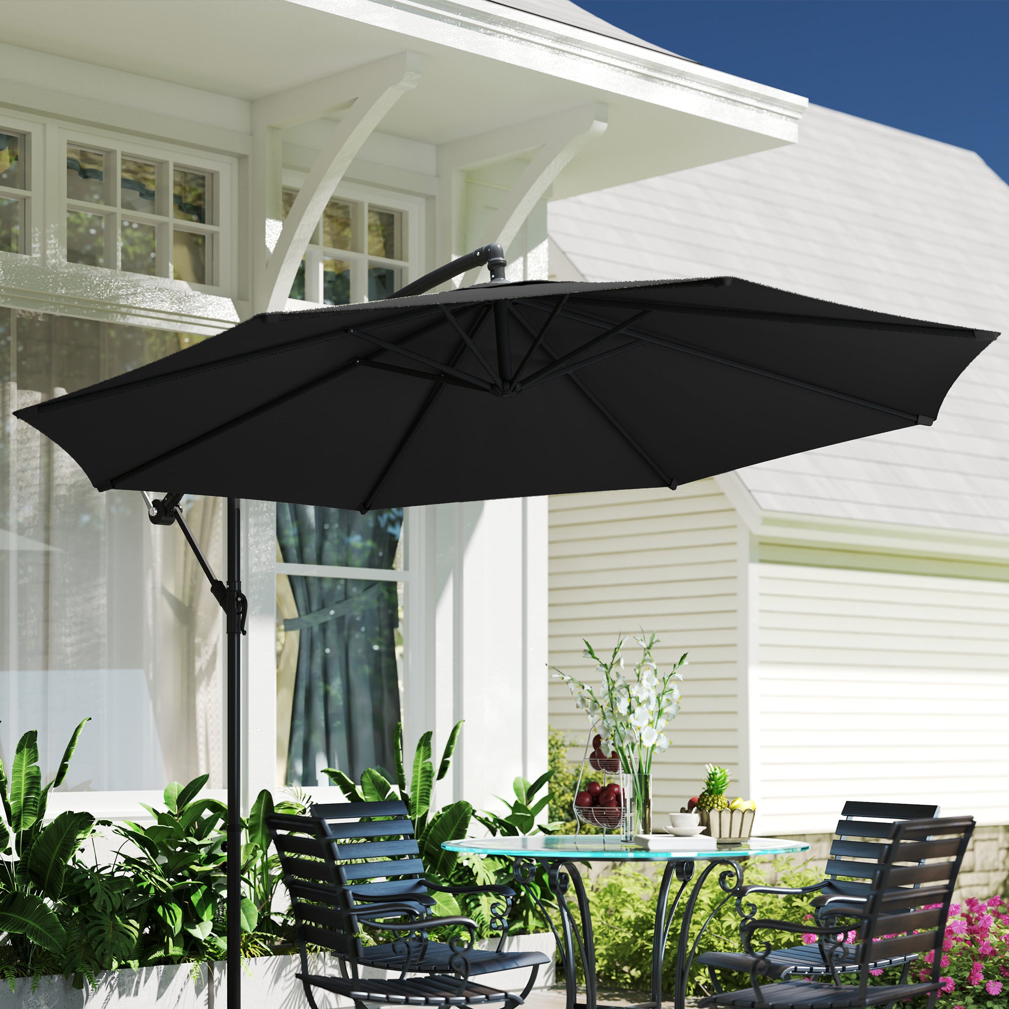 Outsunny 9.7ft Offset Patio Umbrella Garden Hanging Parasol Banana Cantilever Umbrella with Base, Crank, Black