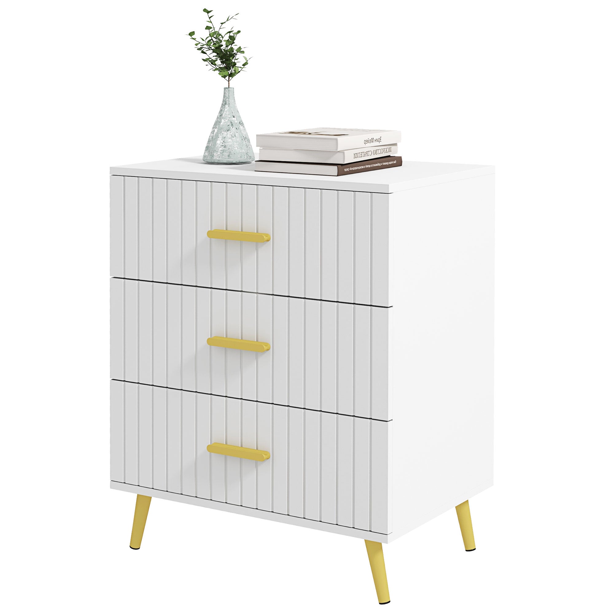 HOMCOM 3 Drawer Cabinet, Drawer Chest for Bedroom, Chest of Drawers with Aluminium Legs and Gold Handles, White