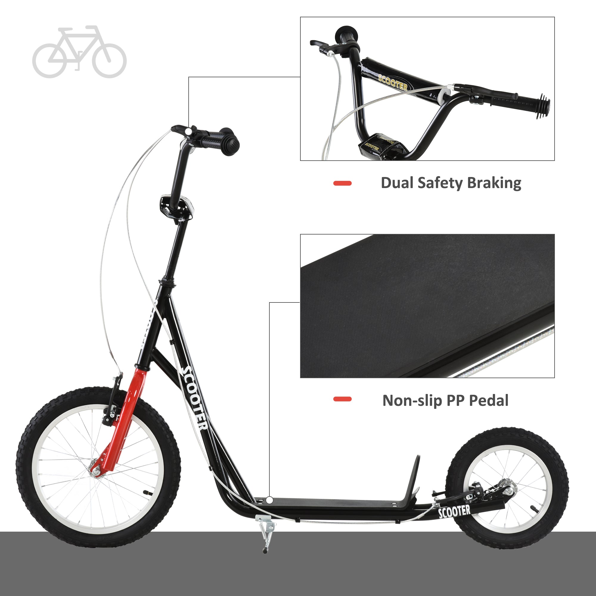 Aosom Youth Kick Scooter with Adjustable Handlebar and 16'' Inflatable Rubber Wheel for Kids and Teens 5+ Year Old, Black