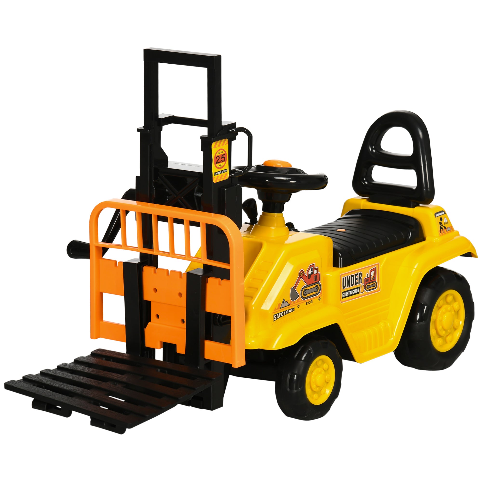 Aosom Ride On Forklift Toy No Power Construction Truck with Fork Tray Storage, for 3-4 Years Old, 33.9"x10.8"x 18.7", Yellow