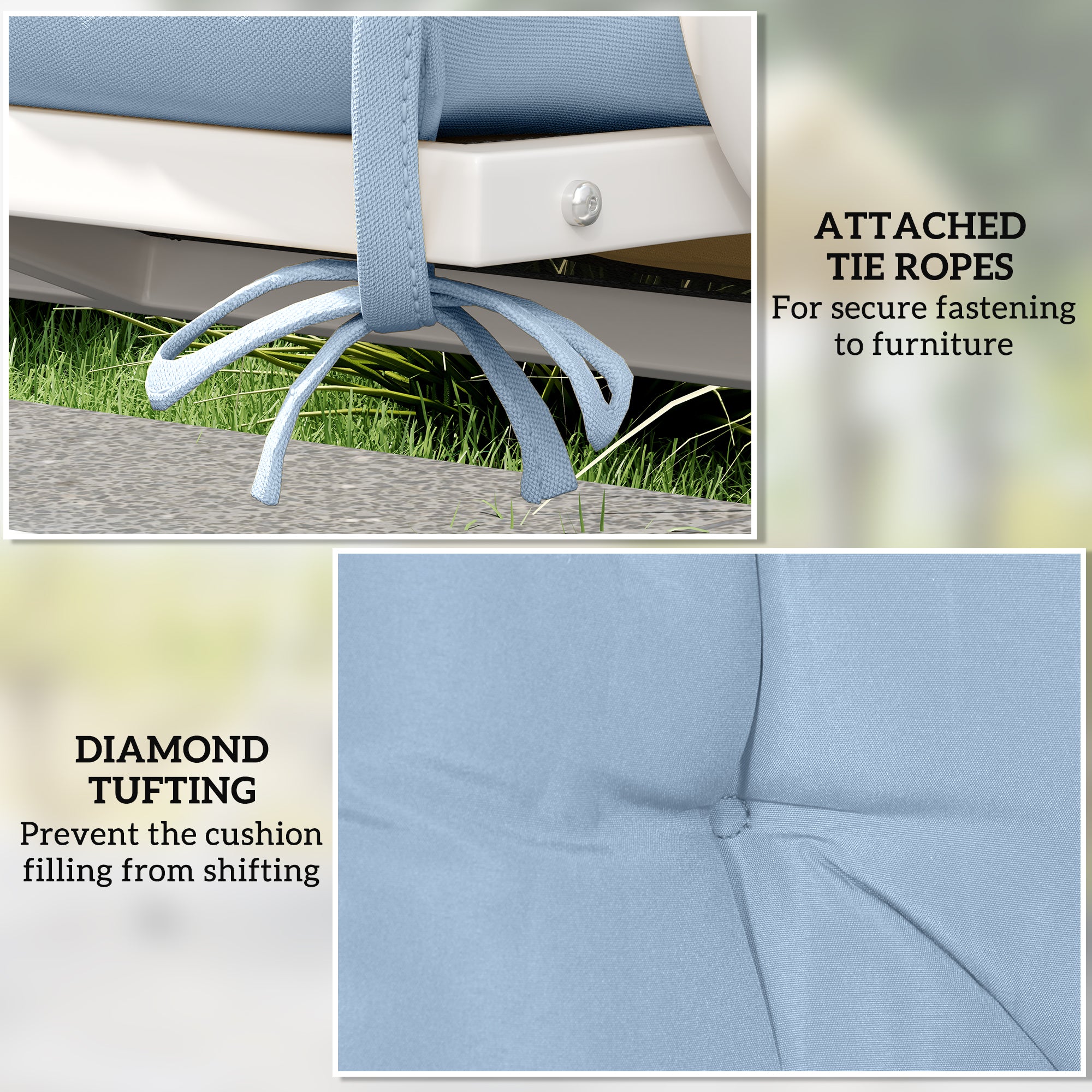 Outsunny Garden Bench Cushion with Backrest, Non-Slip 2 Seater Thick Pad with Ties, Blue