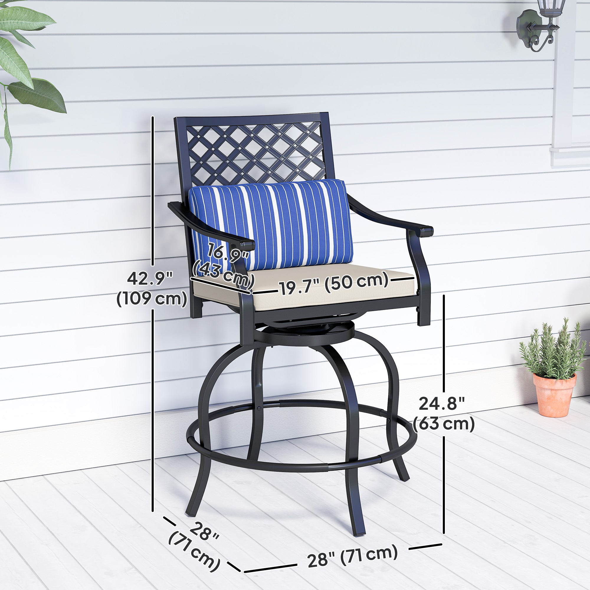 Outsunny Outdoor Bar Stools Set of 2, Bar Height Swivel Patio Chairs with Cushion, Pillow Footrest for Poolside, Backyard