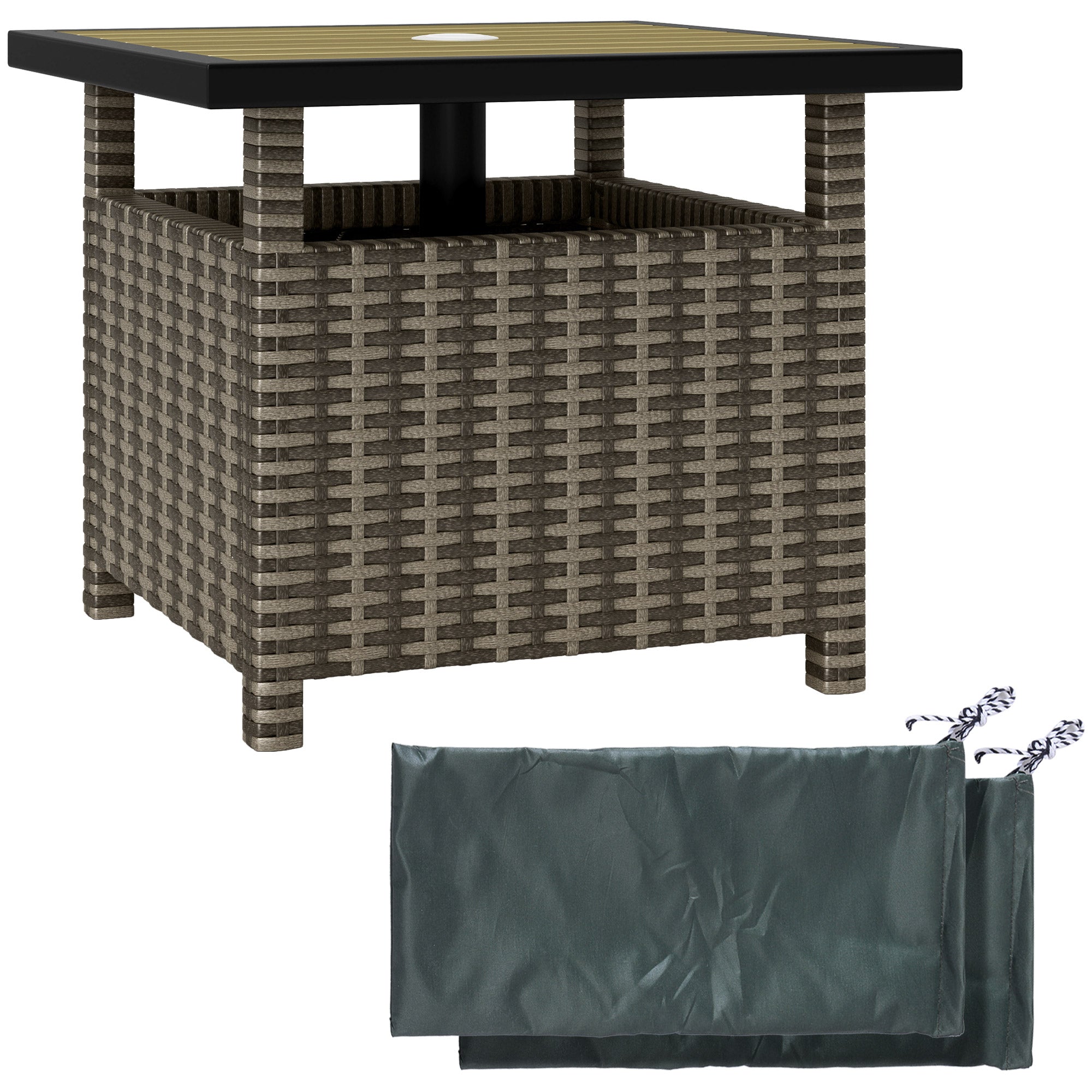 Outsunny 22" Square Steel PE Rattan Wicker Table With Umbrella Hole, Outdoor Patio Accent Dining Side Table Used as Umbrella Stand, Mixed-Grey