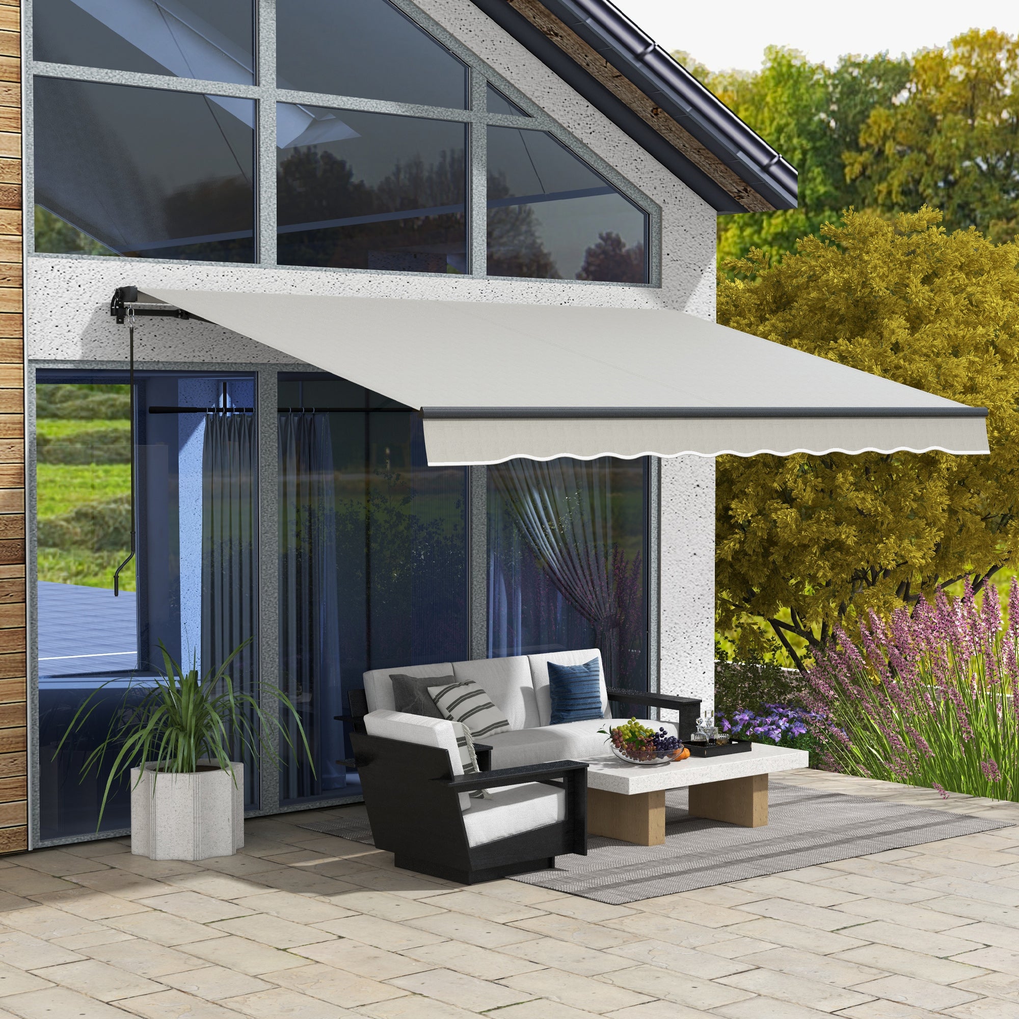 Outsunny 12' x 10' Retractable Awning, 280gsm UV Resistant Sunshade Shelter, for Deck, Balcony, Yard, Light Grey