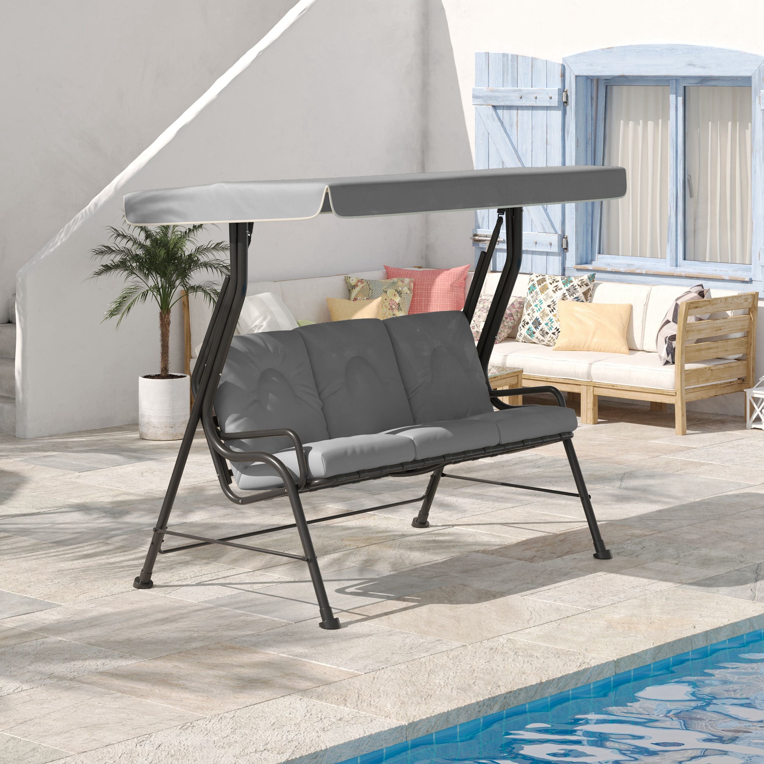 Outsunny 3-Person Patio Swing Chair with Canopy 3 Seater Porch Swing for Garden, Backyard, Poolside, Light Grey