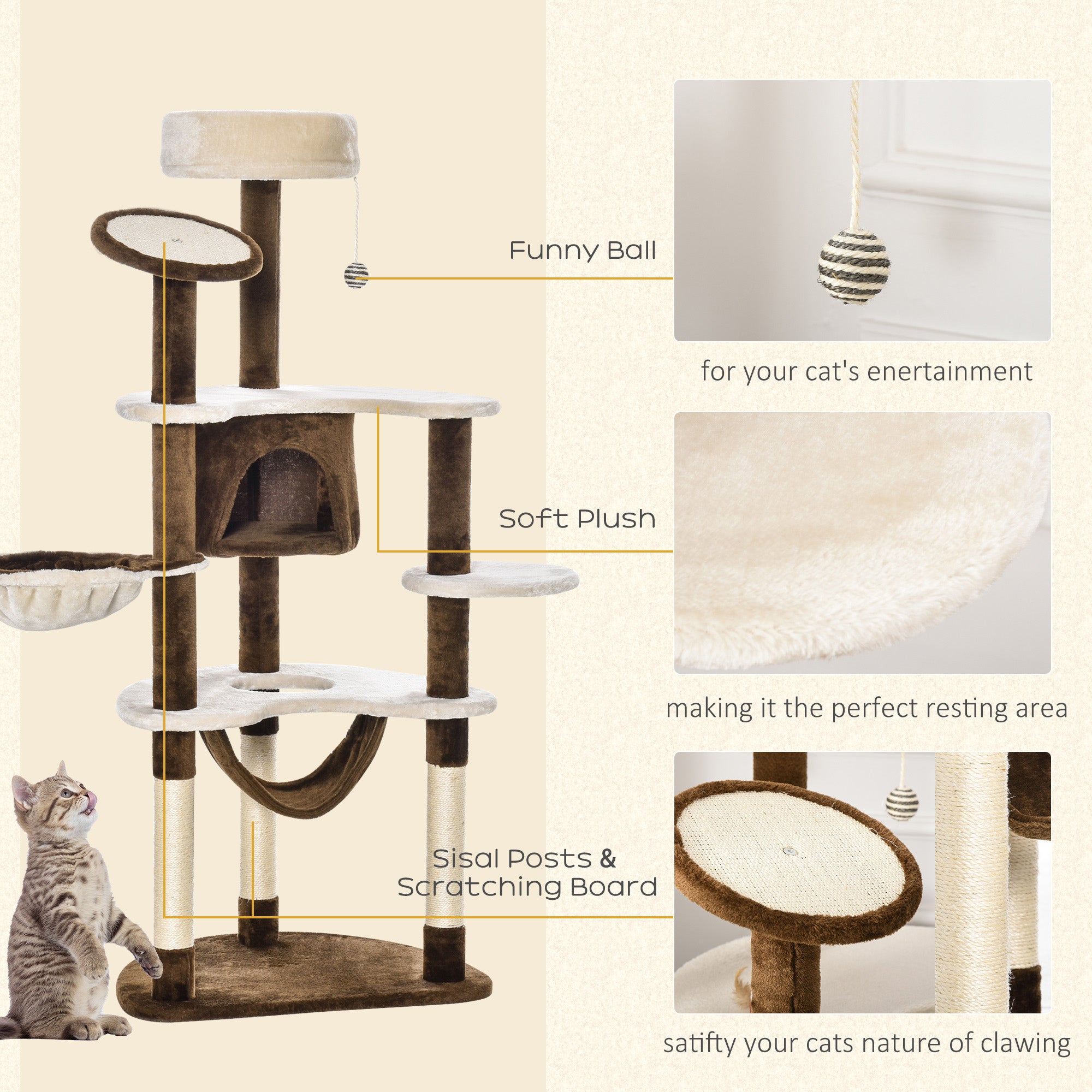 PawHut 60" Cat Scratching Tree, Cat Bed Condo Post House Pet Furniture Toys-Brown & Tan