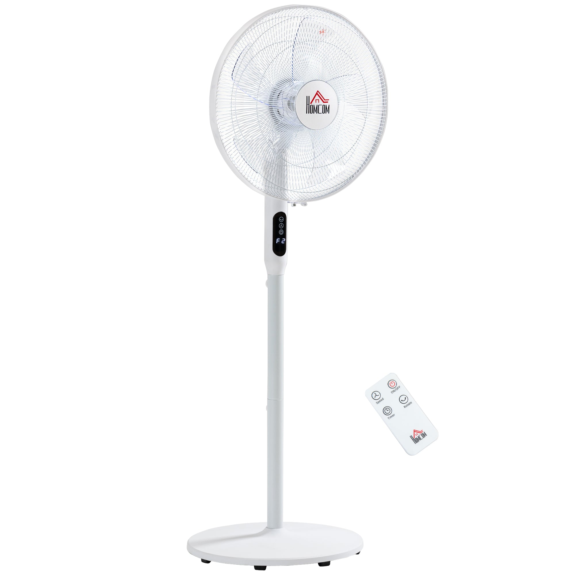 HOMCOM Floor Standing Fan with Remote Control, Oscillating, LED Screen, Stand Up Cooling Fan, Tall Pedestal Electric Fan for Home Bedroom, White