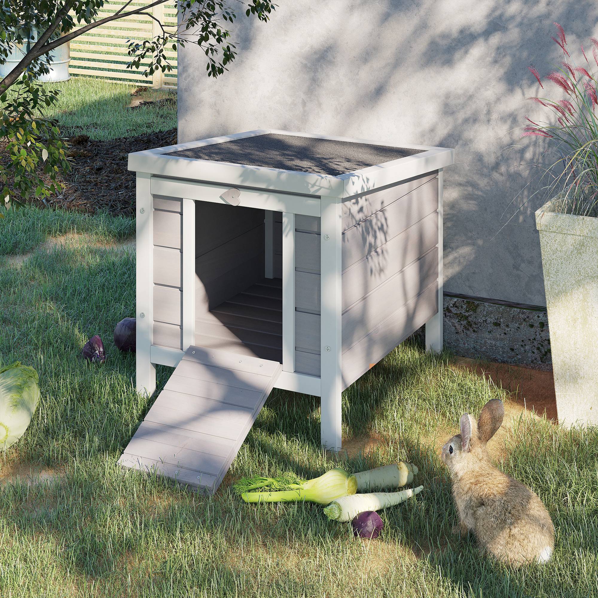 PawHut Wooden Rabbit Hutch Bunny Cage Outdoor Cat House Guinea Pig Cage Duck Shelter, Indoor Outdoor Use, 20"x16.5"x17", Grey