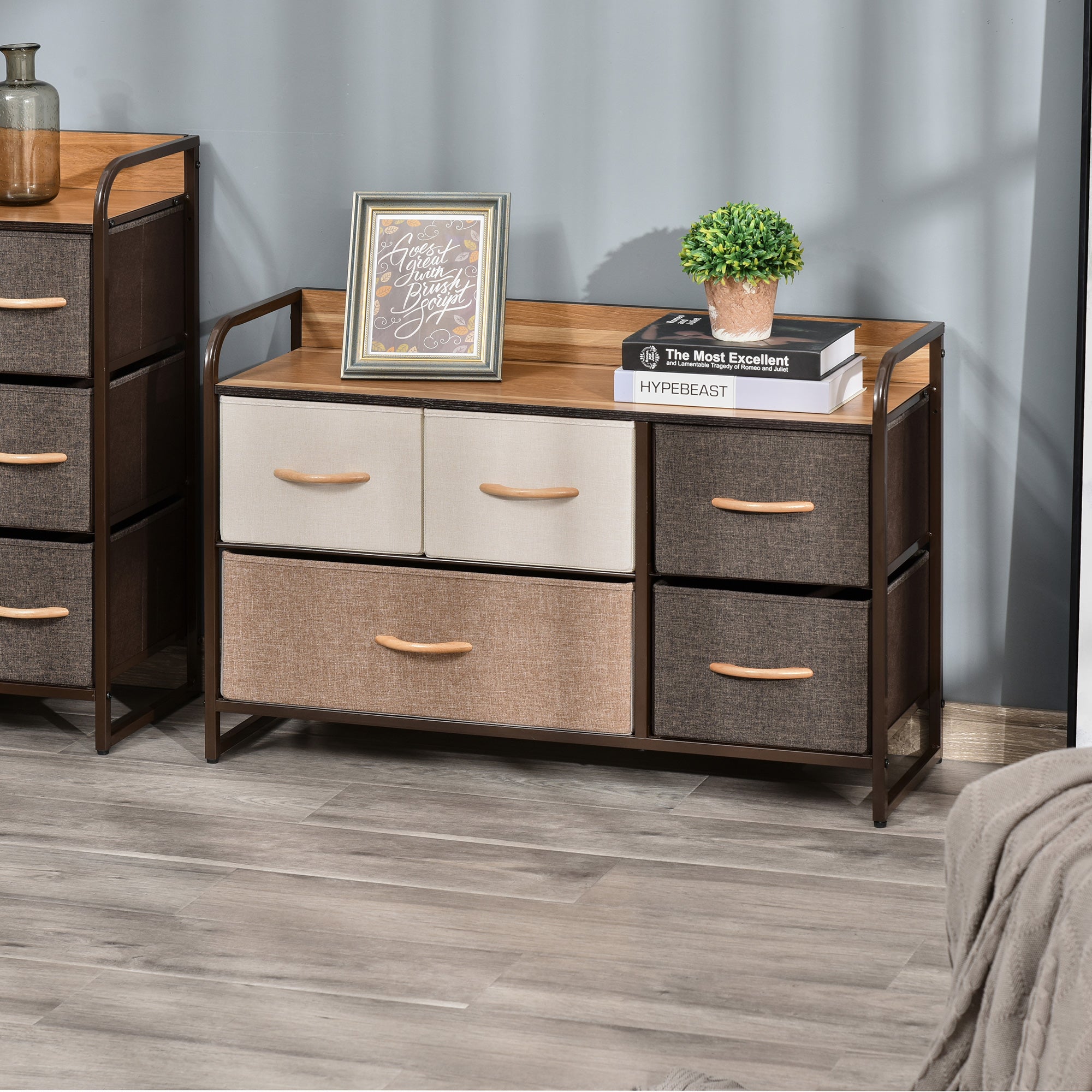 HOMCOM 5-Bin Dresser Storage Tower Cabinet Organizer Unit, Easy Pull Fabric Bins with Metal Frame for Bedroom