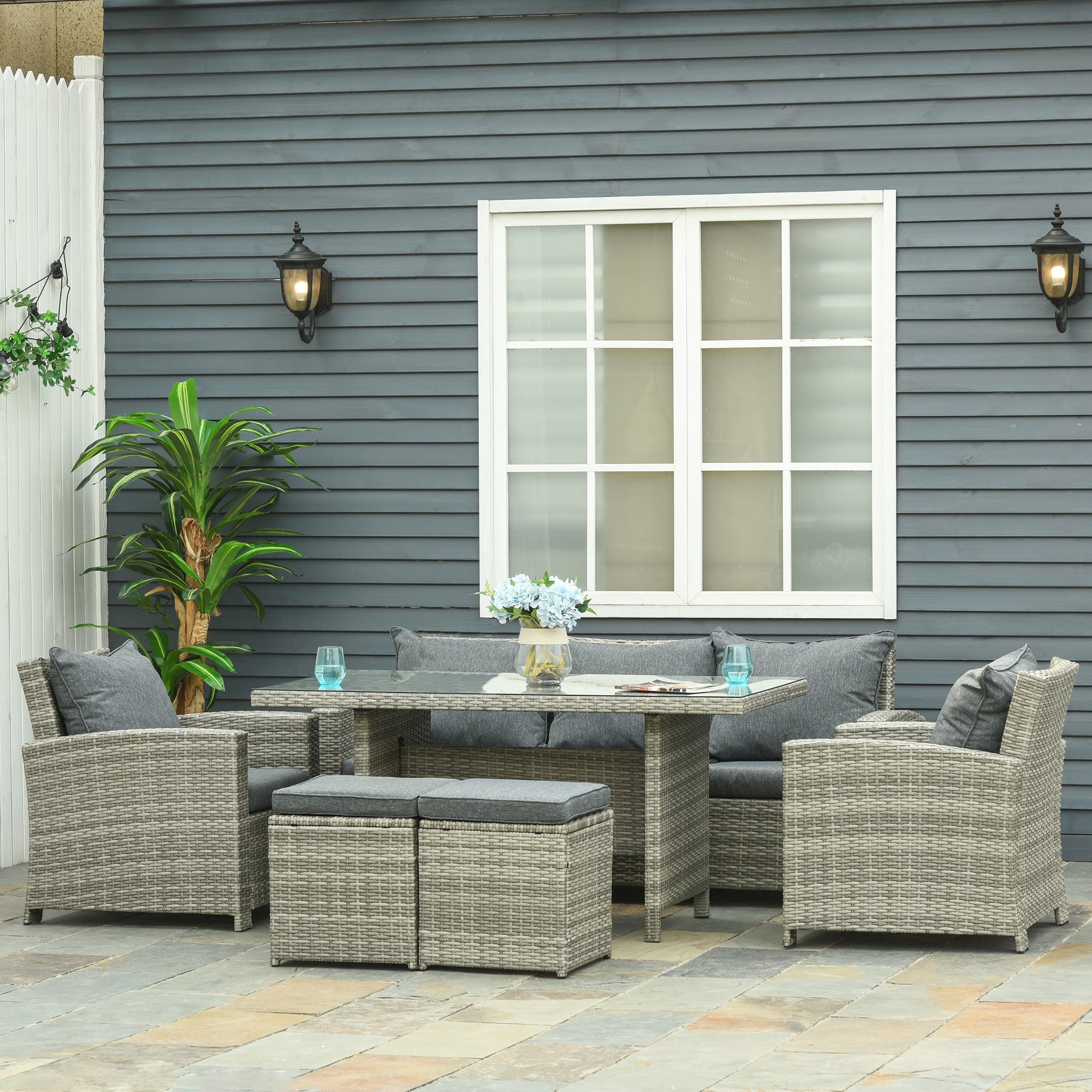 Outsunny 6 Pcs Patio Furniture Set, Rattan Outdoor Furniture Set with 3 Seater Sofa, Armchairs, Footstools and Table, Light Grey