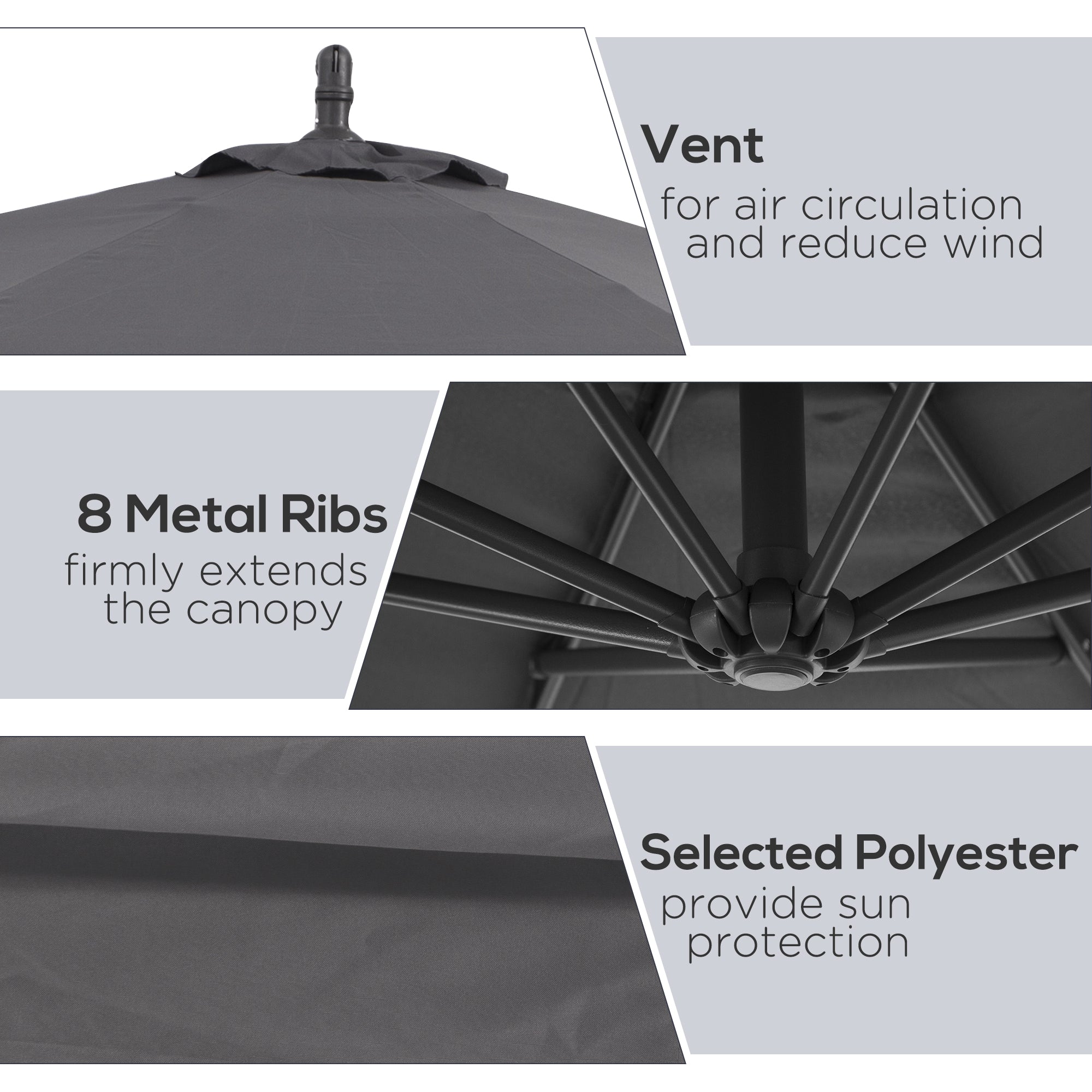 Outsunny Φ10' Deluxe Patio Umbrella Outdoor Market Parasol Banana Hanging Offset Sunshade Crank Cross Base Grey