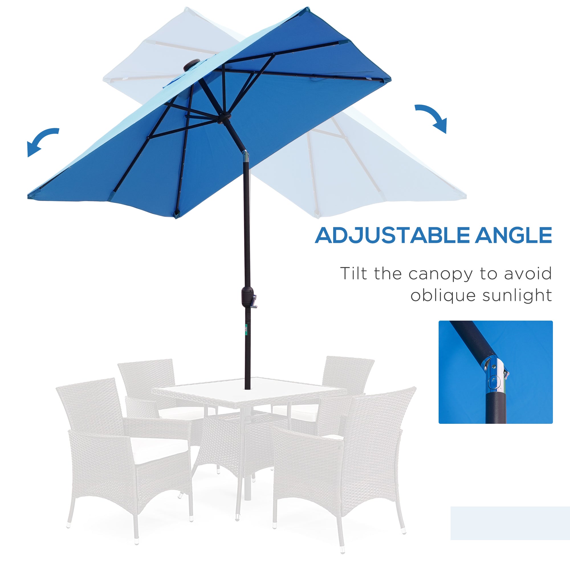 Outsunny 6' x 10' Patio Umbrella with 22 LED Solar Lights and Tilt, Rectangular Outdoor Table Umbrella with Crank, Light Blue