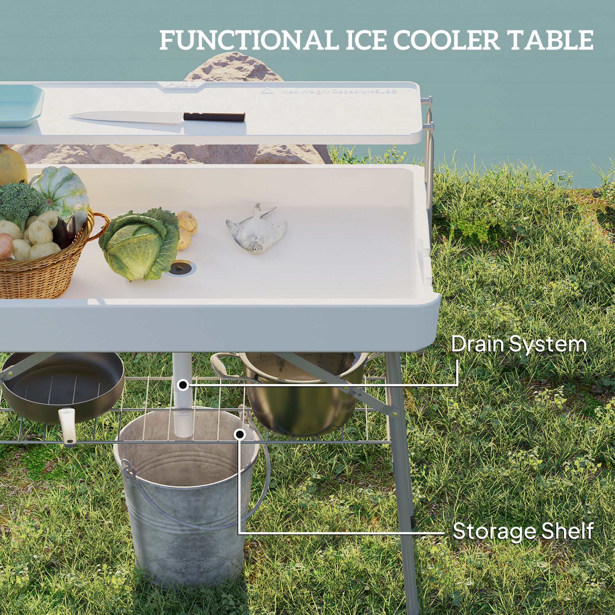 Outsunny 3.5ft Folding Ice Cooler Table with Drain, 2-Tier Outdoor Patio Party Cooler, Fishing Cleaning Table with Storage Shelf for Picnic BBQ Camping Wedding, White