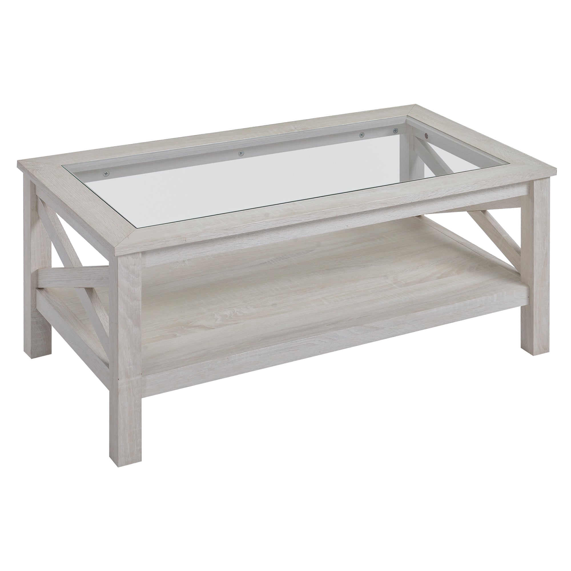 HOMCOM Farmhouse Coffee Table with Tempered Glass Table Top, 2-tier Center Table with Bottom Storage Shelf for Living Room, Bedroom