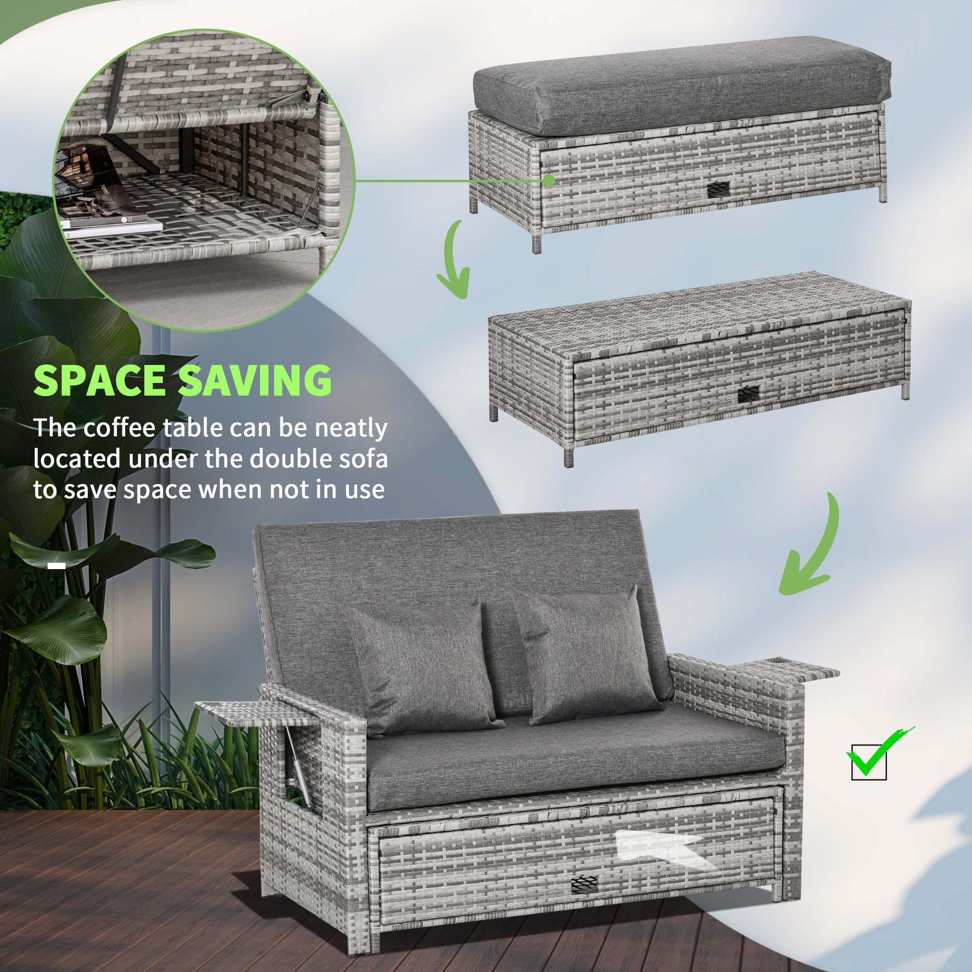 Outsunny 2 Piece Rattan Outdoor Daybed, 2 Seater Sofa Set with Footstool, Storage, Cushions and Pillows for Garden, Patio, Grey