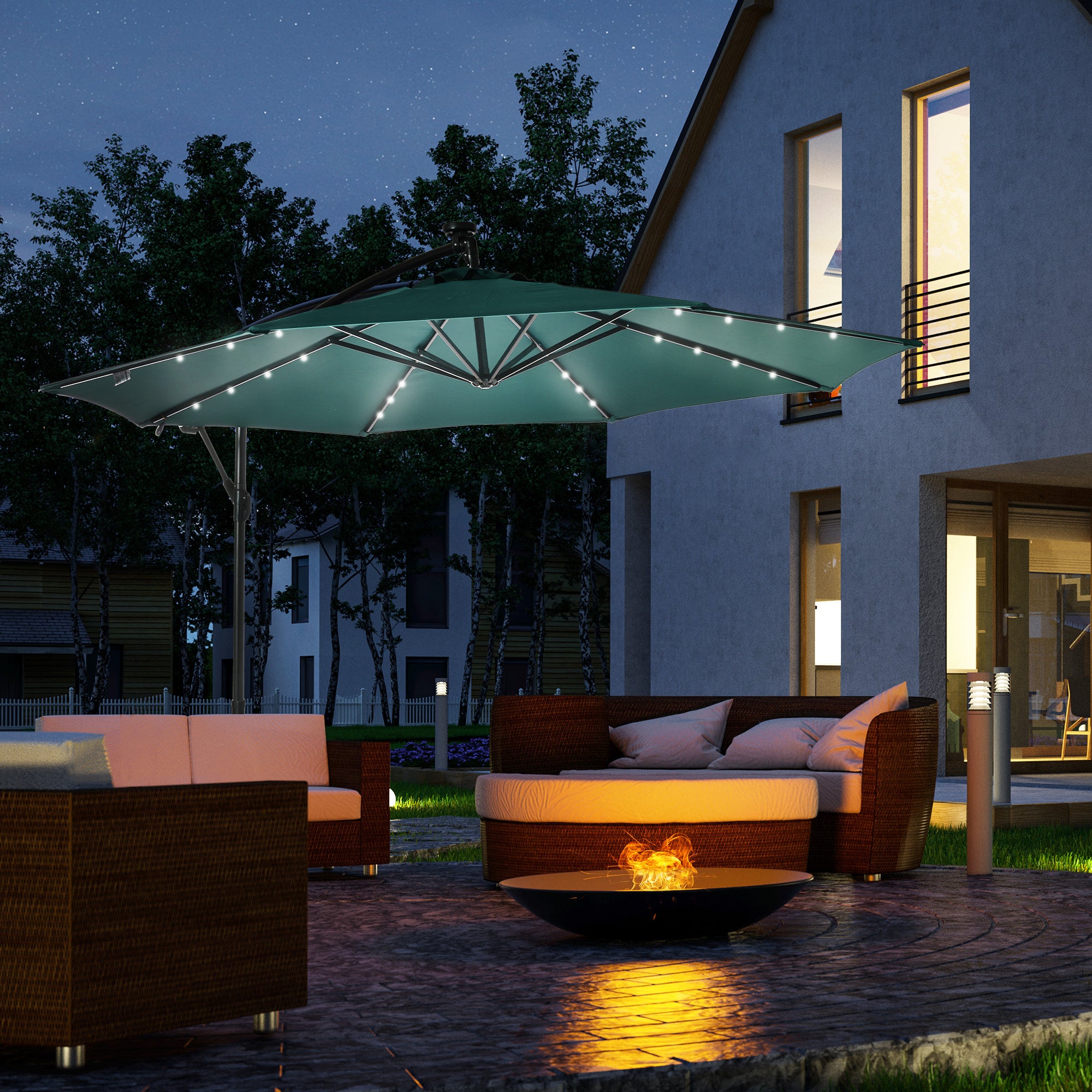 Outsunny 10ft Outdoor Cantilever Umbrella Patio Solor Banana Umbrella with Lights Adjustable Angle for Patio Backyard Dark Green