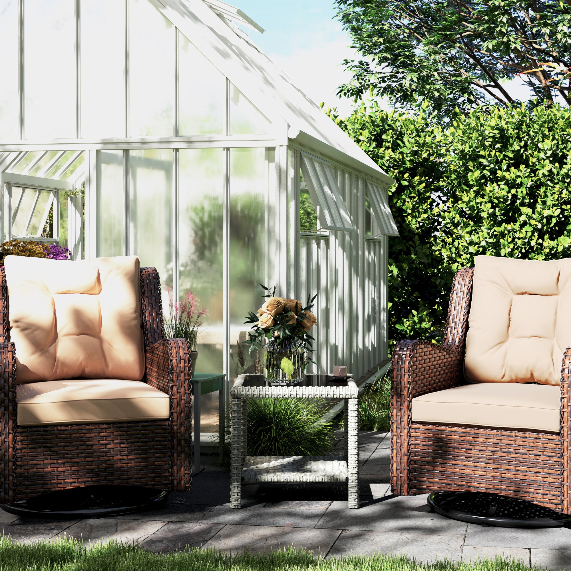 Outsunny 19" Outdoor Wicker Coffee Table with Glass Top, Storage Shelf for Garden Porch Balcony Deck, Dark Grey
