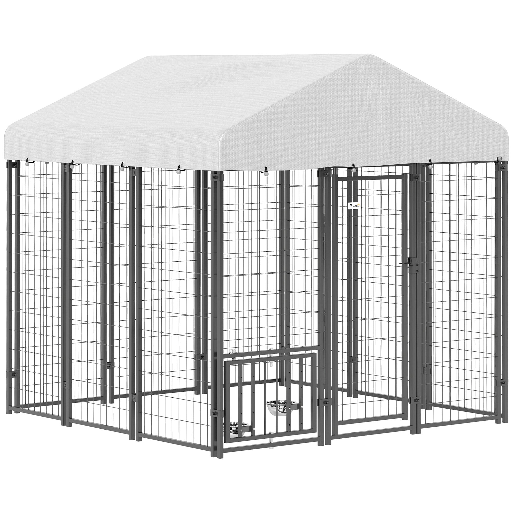 PawHut Outdoor Dog Kennel with Waterproof UV-Resistant Cover, Rotating & 4-Level Adjustable Feeding Bowls, 5.9 x 5.9 x 6 ft