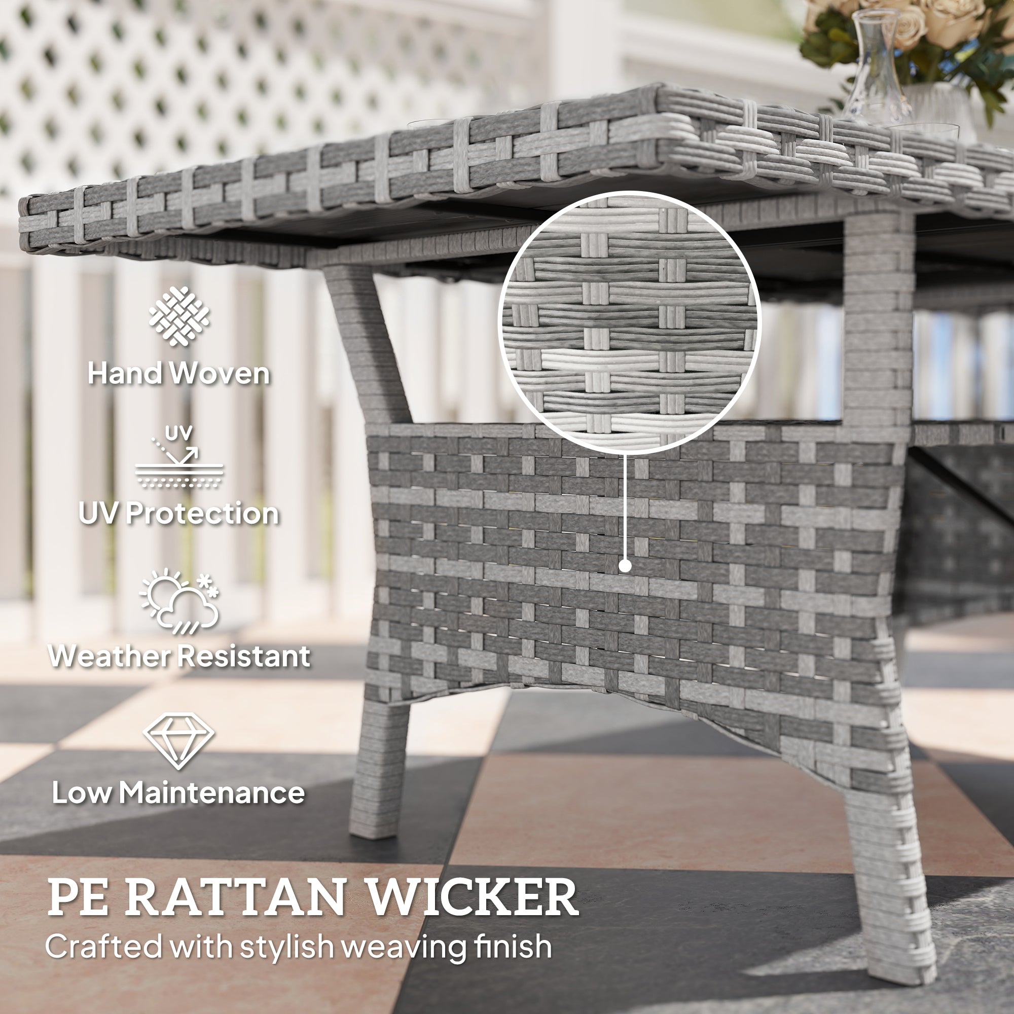 Outsunny 75" Outdoor Dining Table for 6-8, Wicker Patio Table with Storage Shelf and WPC Slatted Top for Balcony, Grey
