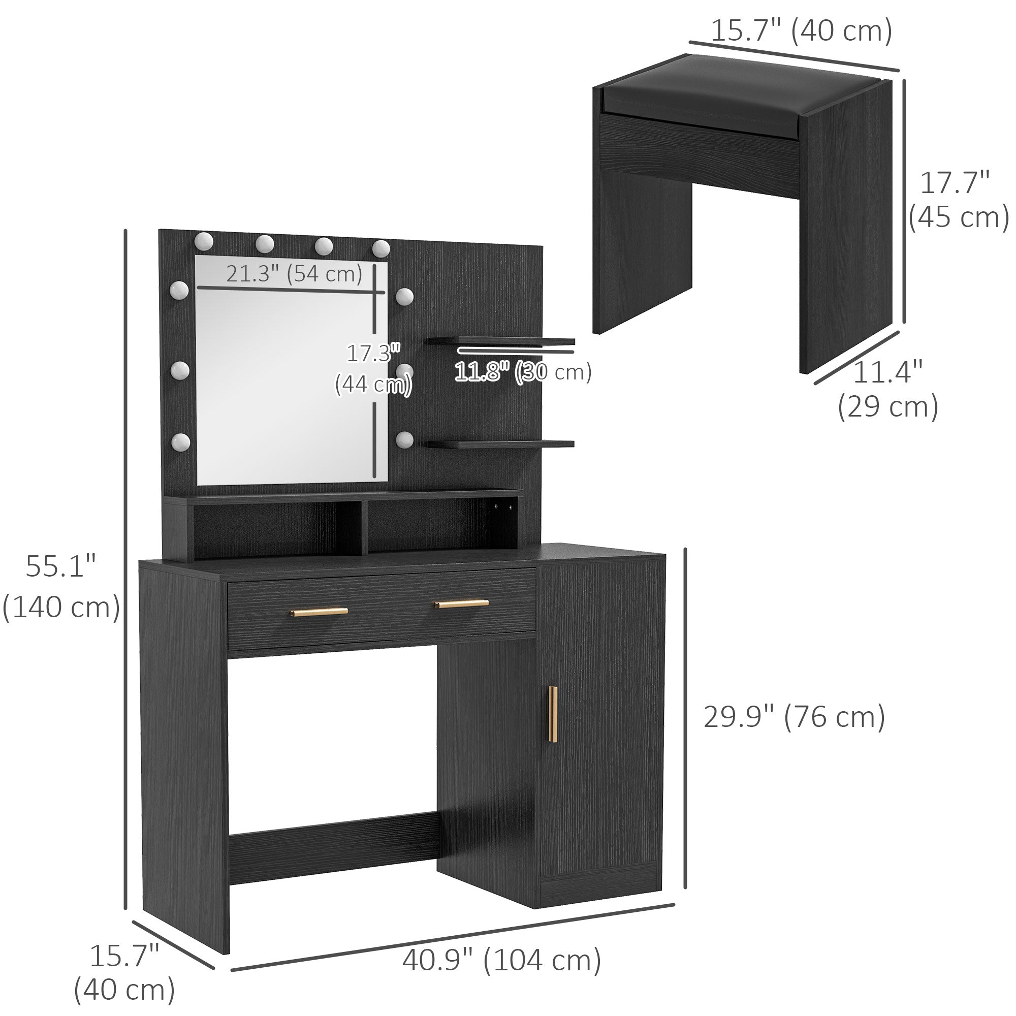 HOMCOM Illuminated Dressing Table Set, LED Vanity Table Set with Stool, LED Mirror, Drawer and Cabinet Shelves for Bedroom