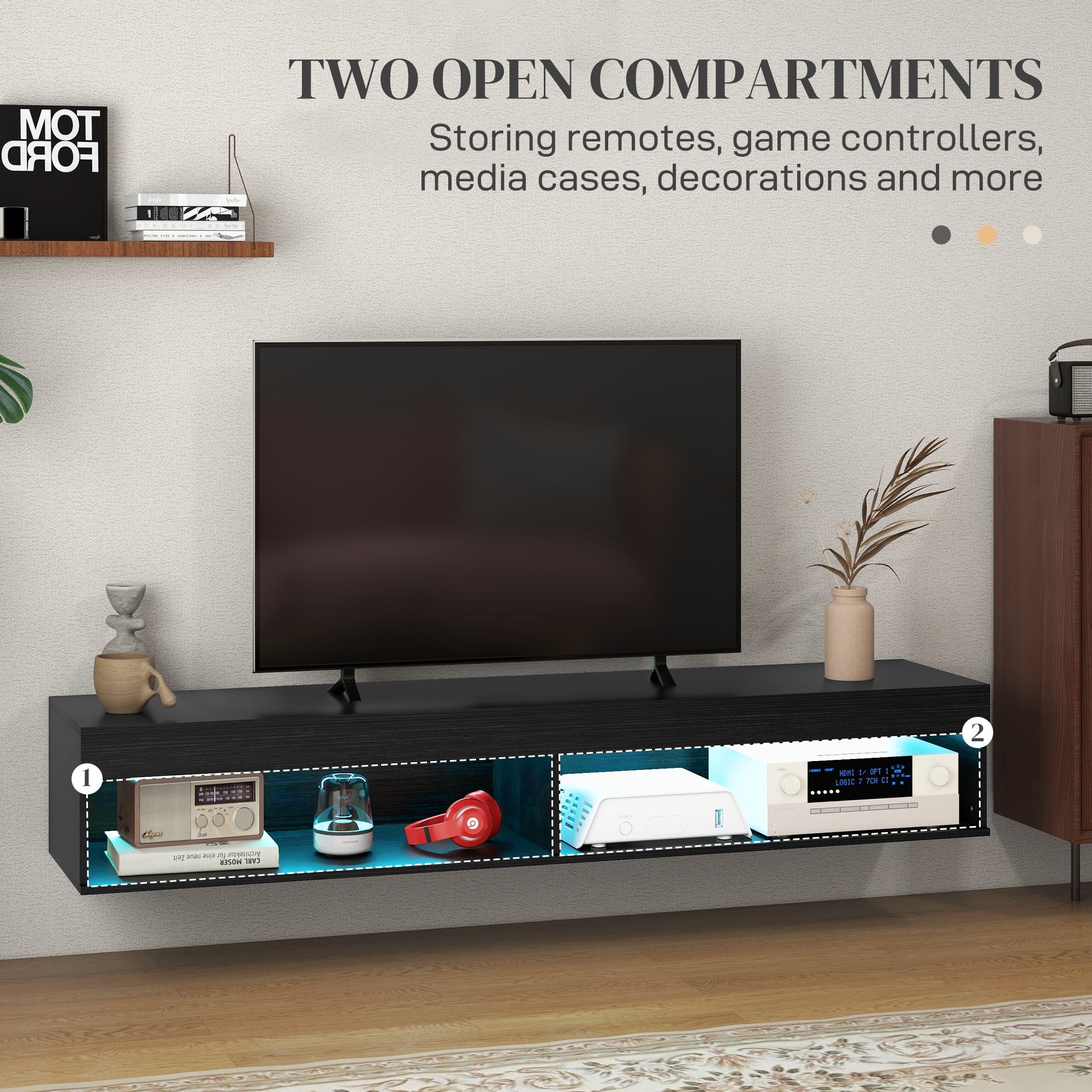 HOMCOM Modern Wall Mounted TV Stand with Storage and LED Lights for TVs up to 75", Floating TV Shelf for Living Room, Black