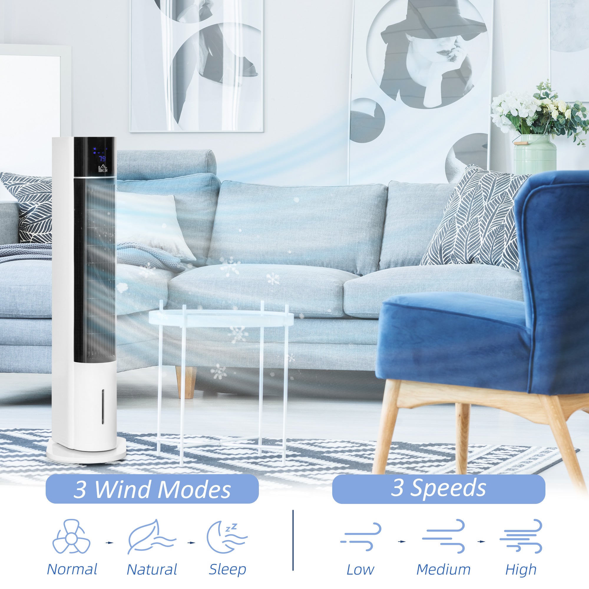 HOMCOM 3-In-1 Cooling Fan, Evaporative Air Cooler with 52° Oscillation, Ice Packs, Remote, 12H Timer, 3 Modes, 3 Speeds, White
