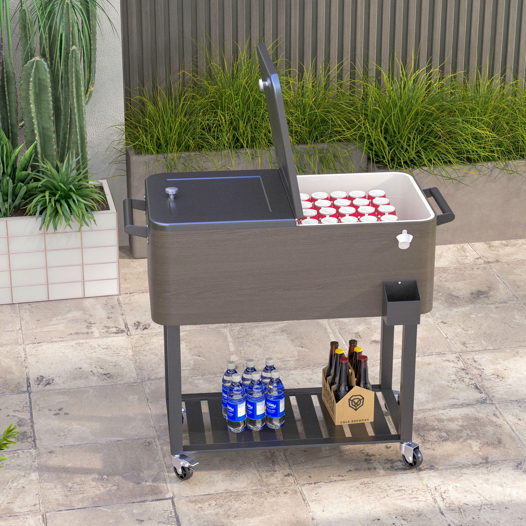 Outsunny Outdoor Beverage Cooler Bar Cart, 67-Qt Patio Cooler Cart Rolling Ice Chest with Shelf, Bottle Opener and Wheels, Grey