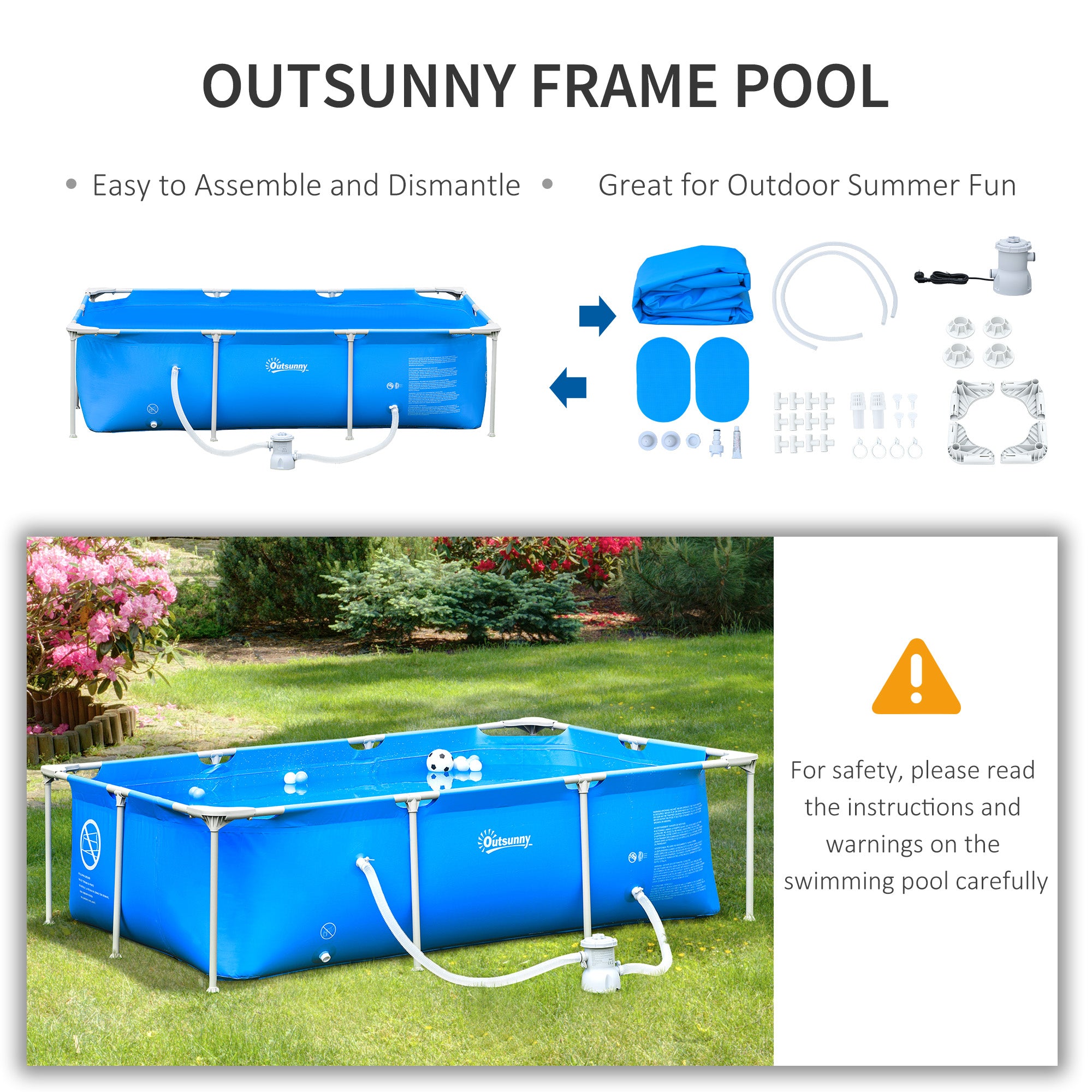 Outsunny 8.3ft x 5ft x 26in Frame Above Ground Swimming Pool Set with Filter Pump Filter Cartridge Reinforced Sidewalls Blue