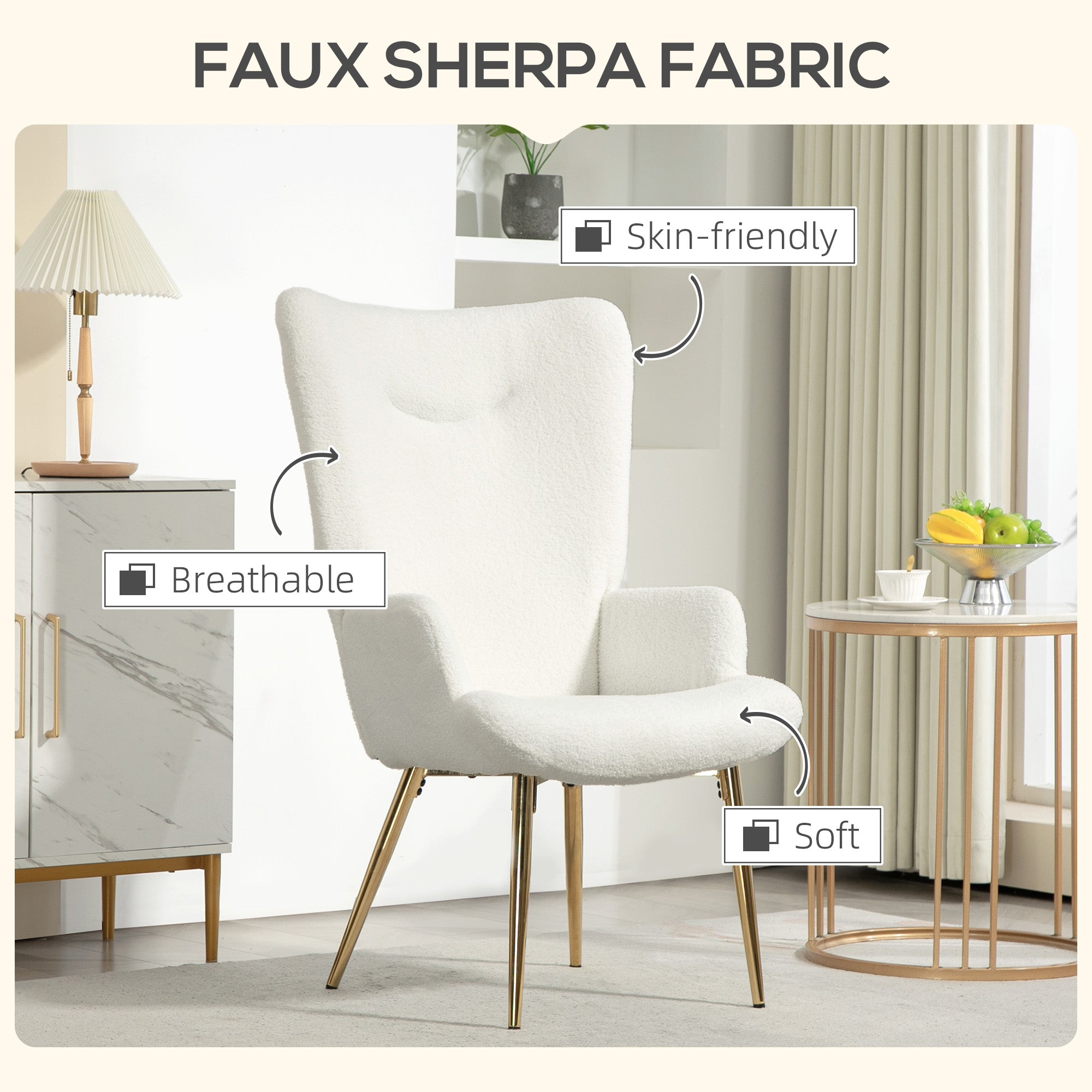 HOMCOM Modern Accent Armchair, Sherpa Boucle Lounge Chair with Metal Legs for Living Room, Bedroom, White