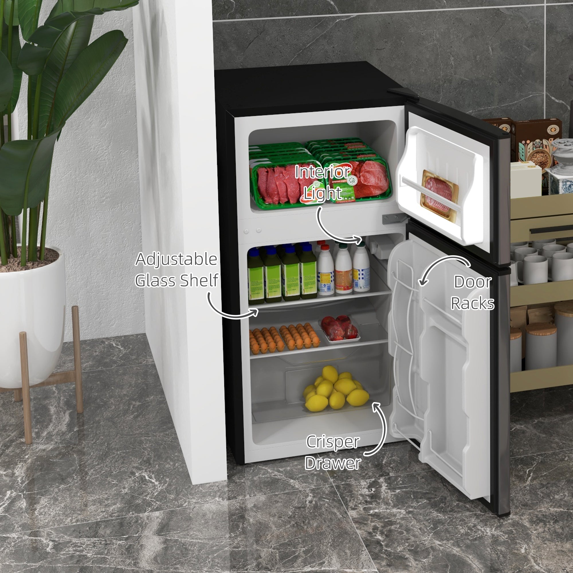 HOMCOM 3.2 Cu Ft Compact Refrigerator, Mini Fridge with Freezer, Adjustable Shelves and Reversible Doors for Bedroom, Silver