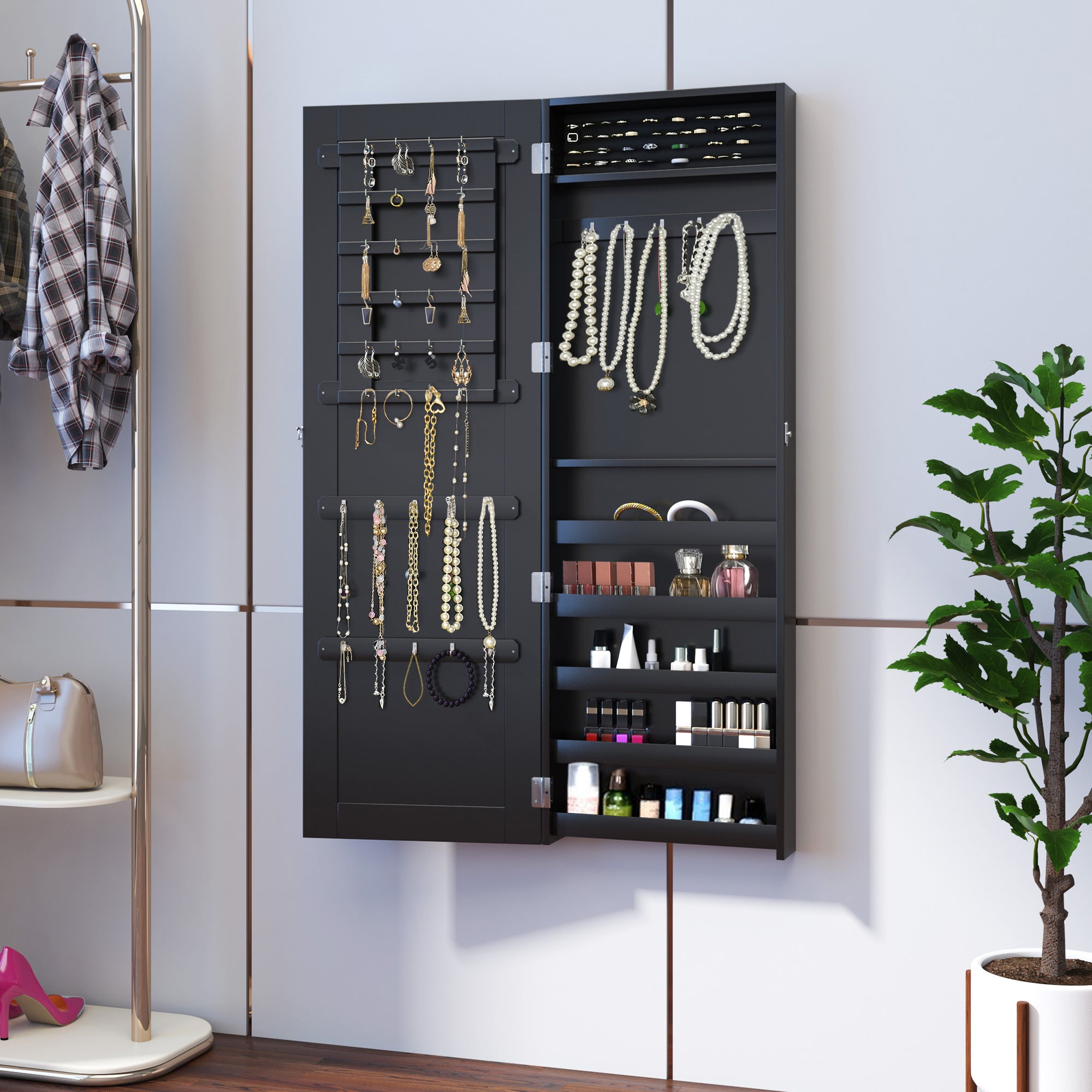 HOMCOM Mirrored Jewelry Cabinet Hanging Wall Mount Real Glass Mirror Locked (Black)
