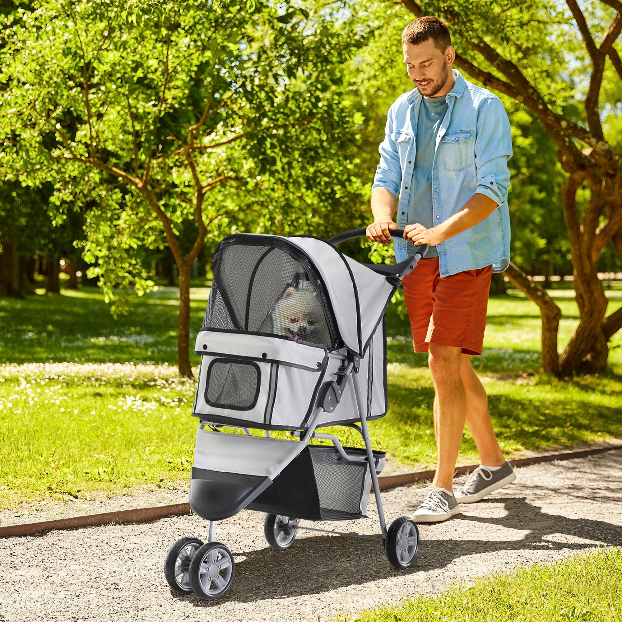 PawHut 3 Wheels Foldable Dog Stroller with Storage Basket, Adjustable Canopy, Cupholder for Miniature and Small Dogs, Grey
