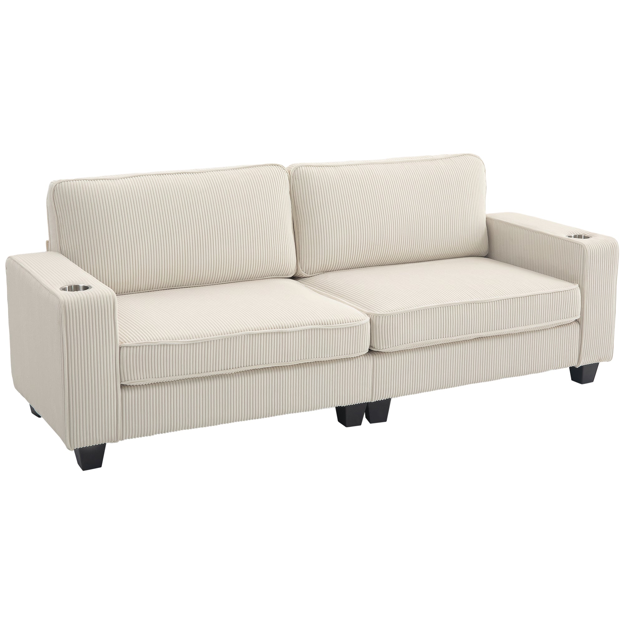 HOMCOM Three Seater Sofa, Fabric 3 Seater Couch with Spring Cushion and Cup Holders for Living Room, Bedroom, Cream White