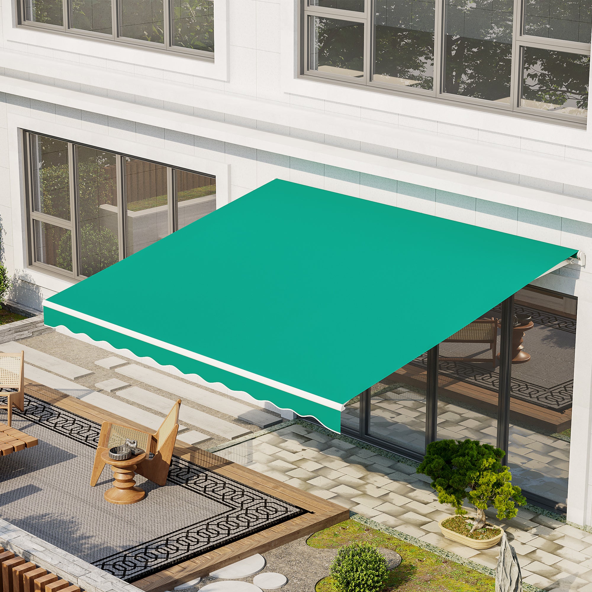 Outsunny 13' x 10' Electric Awning, Retractable Awning Sun Shade Shelter with Remote Controller, Manual Crank Handle and Aluminum Frame, for Deck, Balcony, Yard, Green