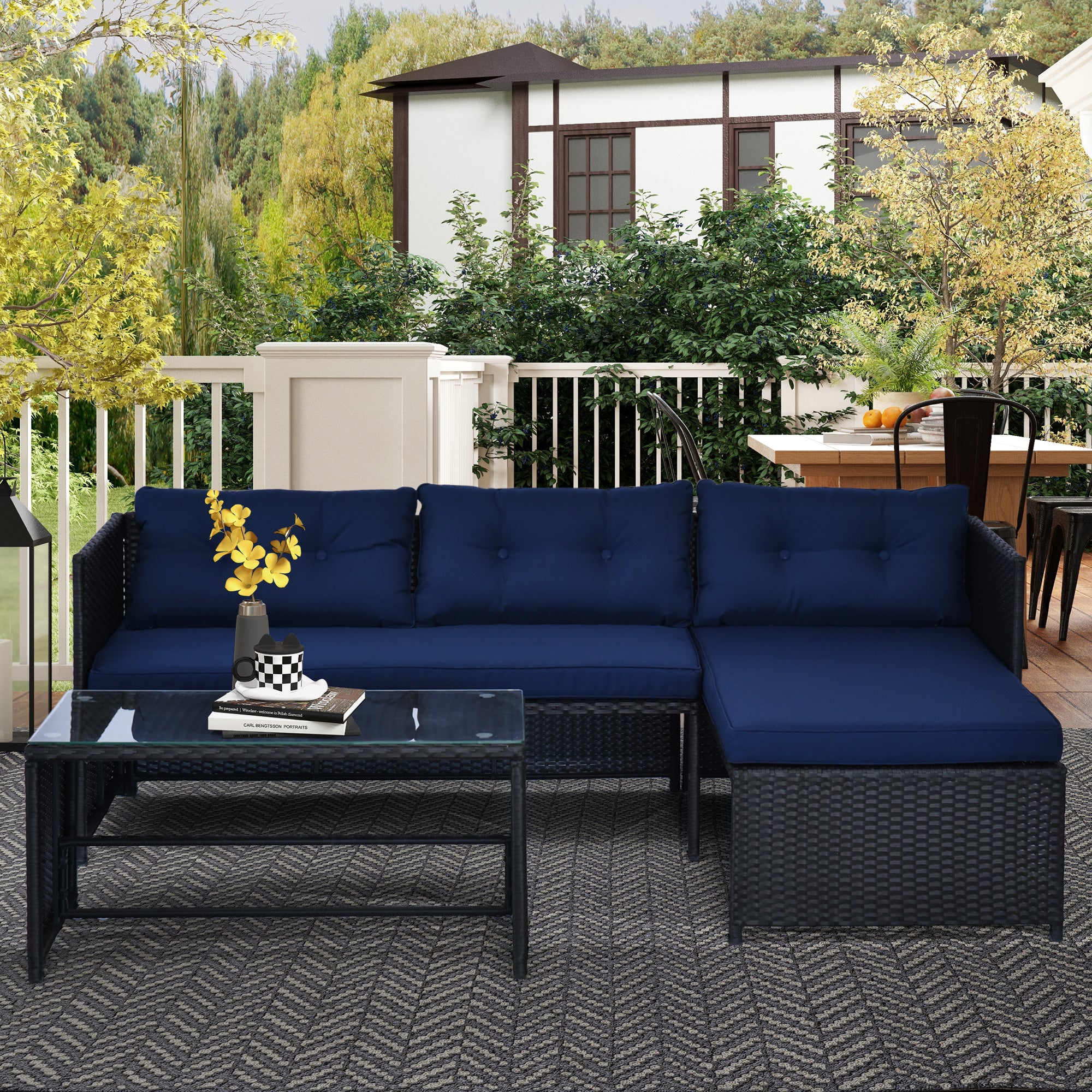 Outsunny 3pcs Outdoor Rattan Wicker Sofa and Chaise Lounge Set with Cushion Garden Patio Furniture Black and Dark Blue