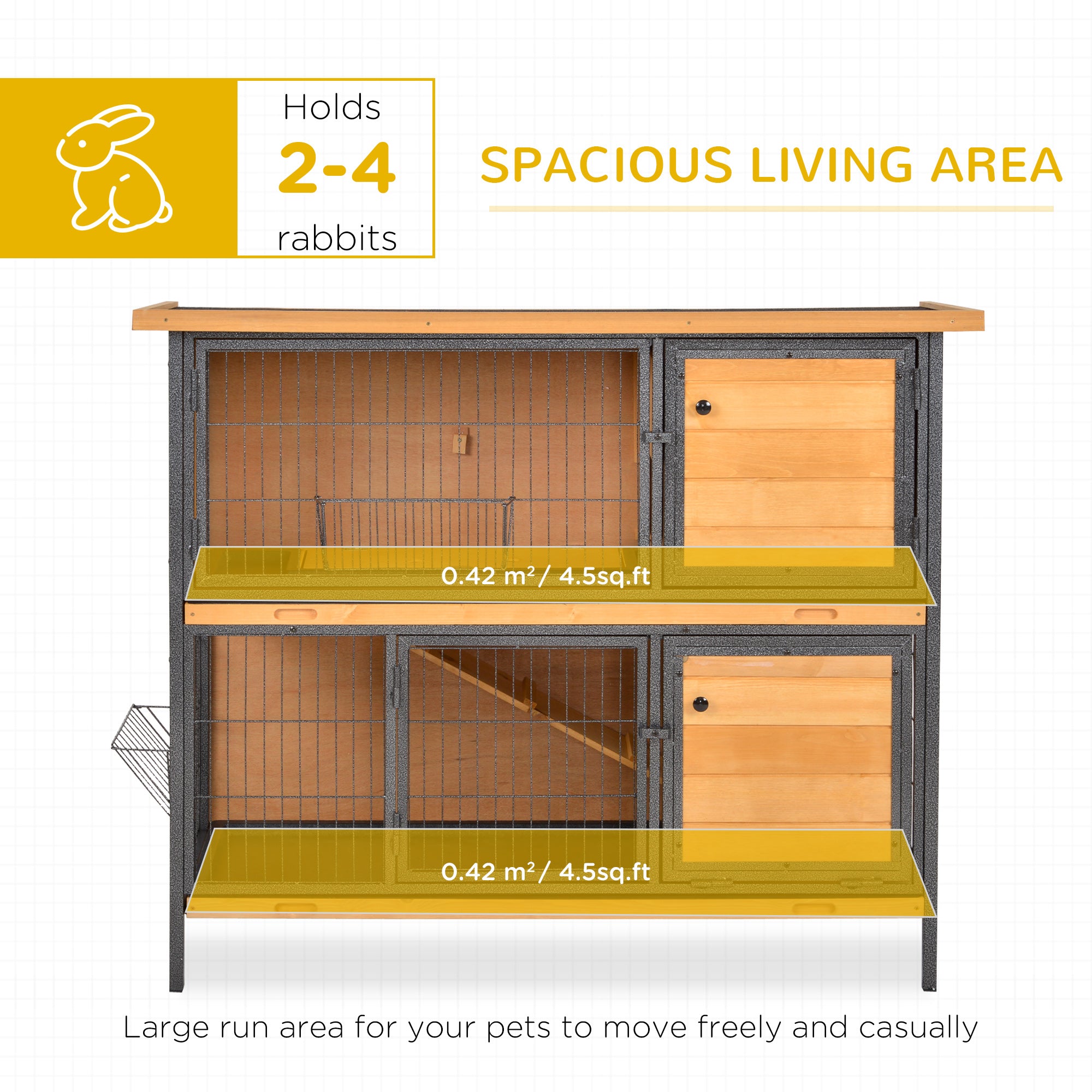 PawHut 48" 2-Floor Large Rabbit Hutch Wooden Pet House Metal Frame Bunny Cage Small Animal Habitat with Ramp Feeding Trough Lockable Doors Run Area Asphalt Roof for Outdoor Use