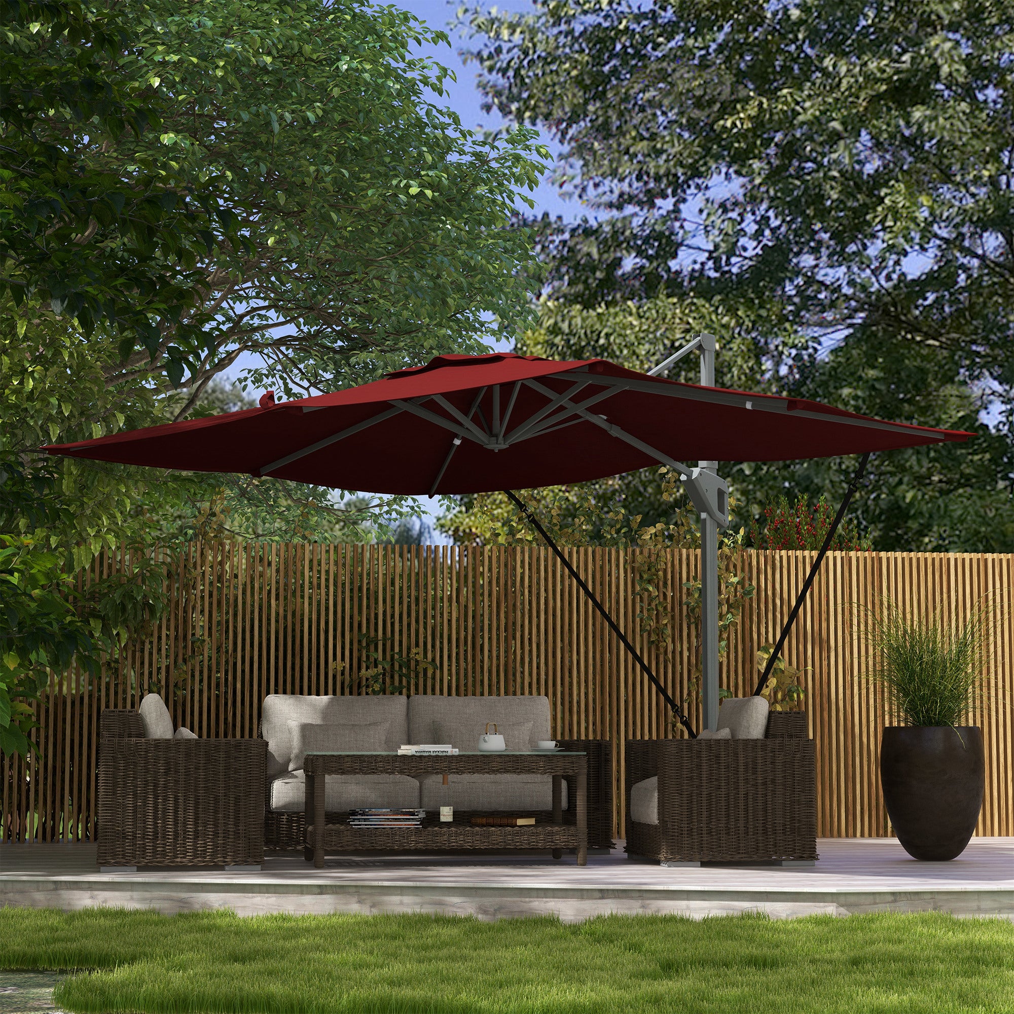Outsunny 13 FT Cantilever Umbrella, Aluminum Hanging Offset Umbrella with 360°Rotation, Crank, Tilt, Cross Base, Red