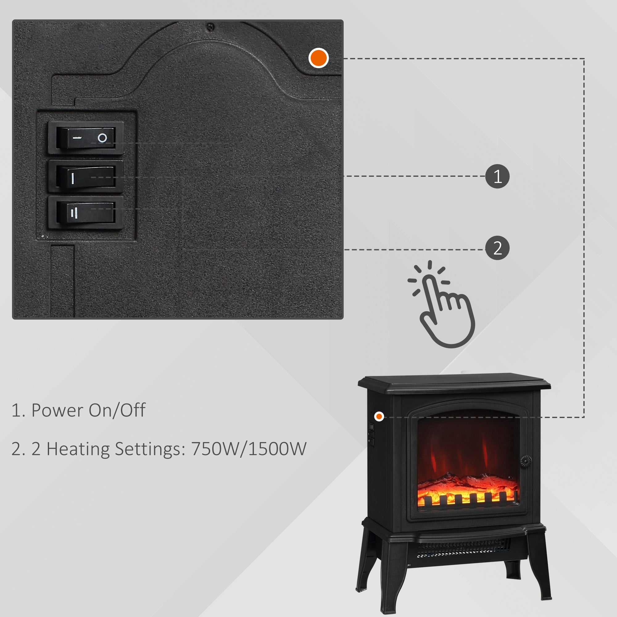 HOMCOM Electric Fireplace Heater, Freestanding Fireplace Stove with Realistic Flame Effect, Overheat Safety Protection, 750W/1500W, Black