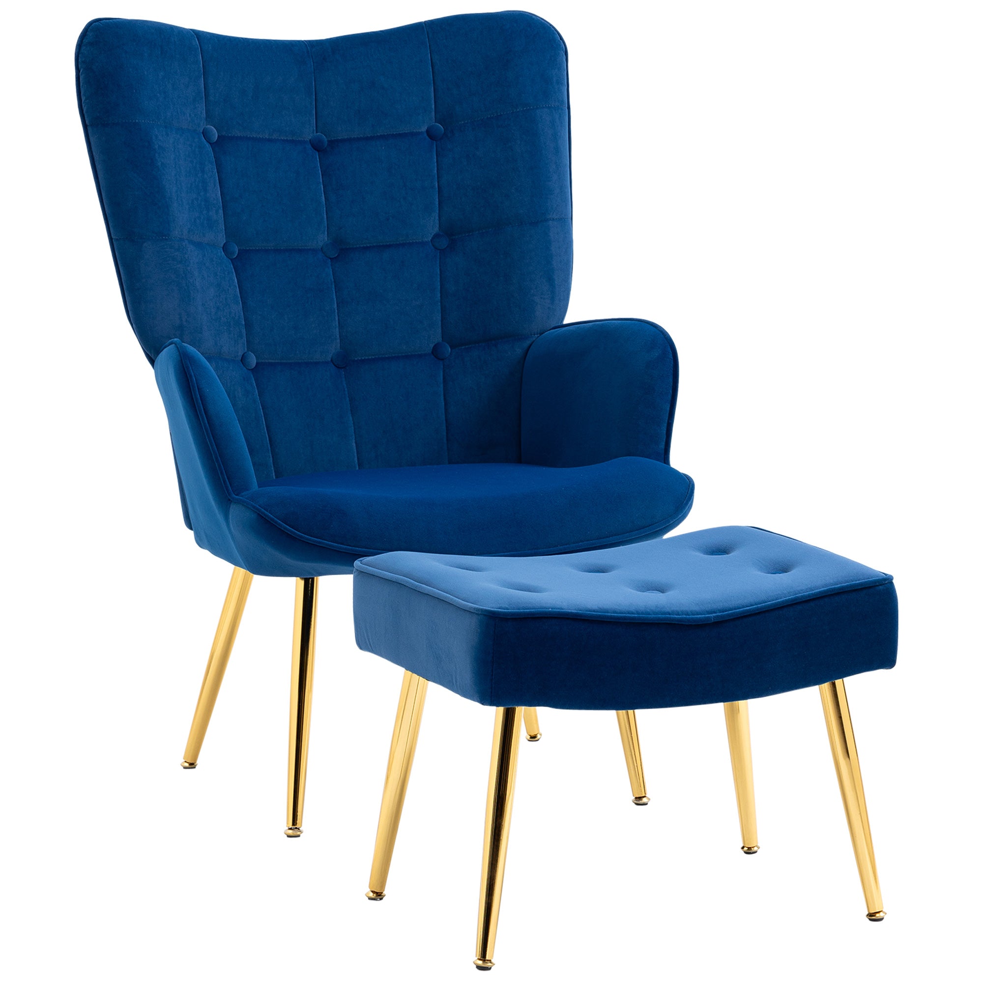 HOMCOM Modern Accent Chair with Footrest, Gold Metal Legs for Living Room & Bedroom - Dark Blue Upholstered Armchair
