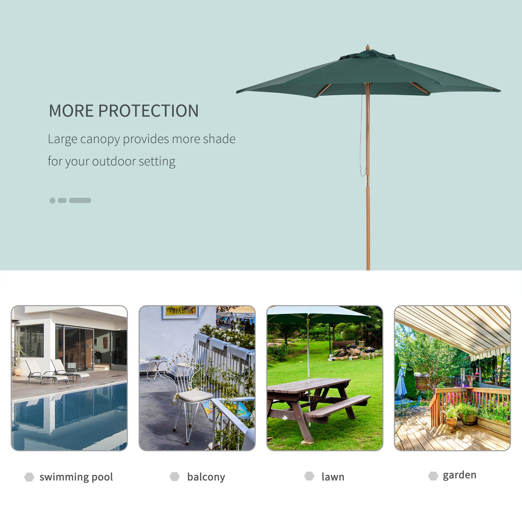 Outsunny 8FT Wood Market Umbrella Patio Umbrella Round Garden Parasol Canopy with Bamboo Ribs and Top Vent, Dark Green