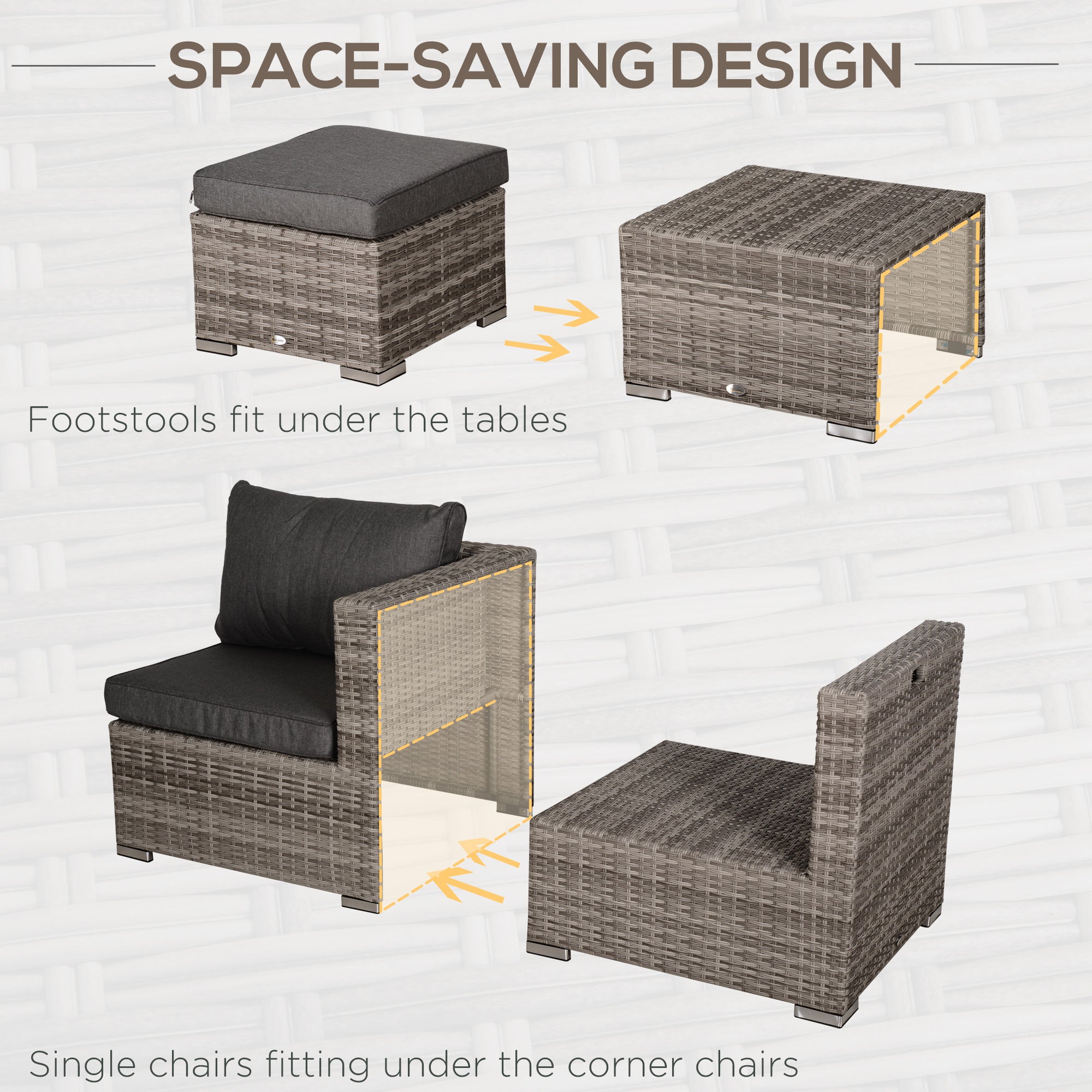 Outsunny 8 Pieces Patio Furniture Set, Outdoor Wicker Rattan Sofa Set Yard Conversation Seat Tea Table and Footstool Garden Patio Furniture w/ 2 Set Cushion Cover Grey & Orange