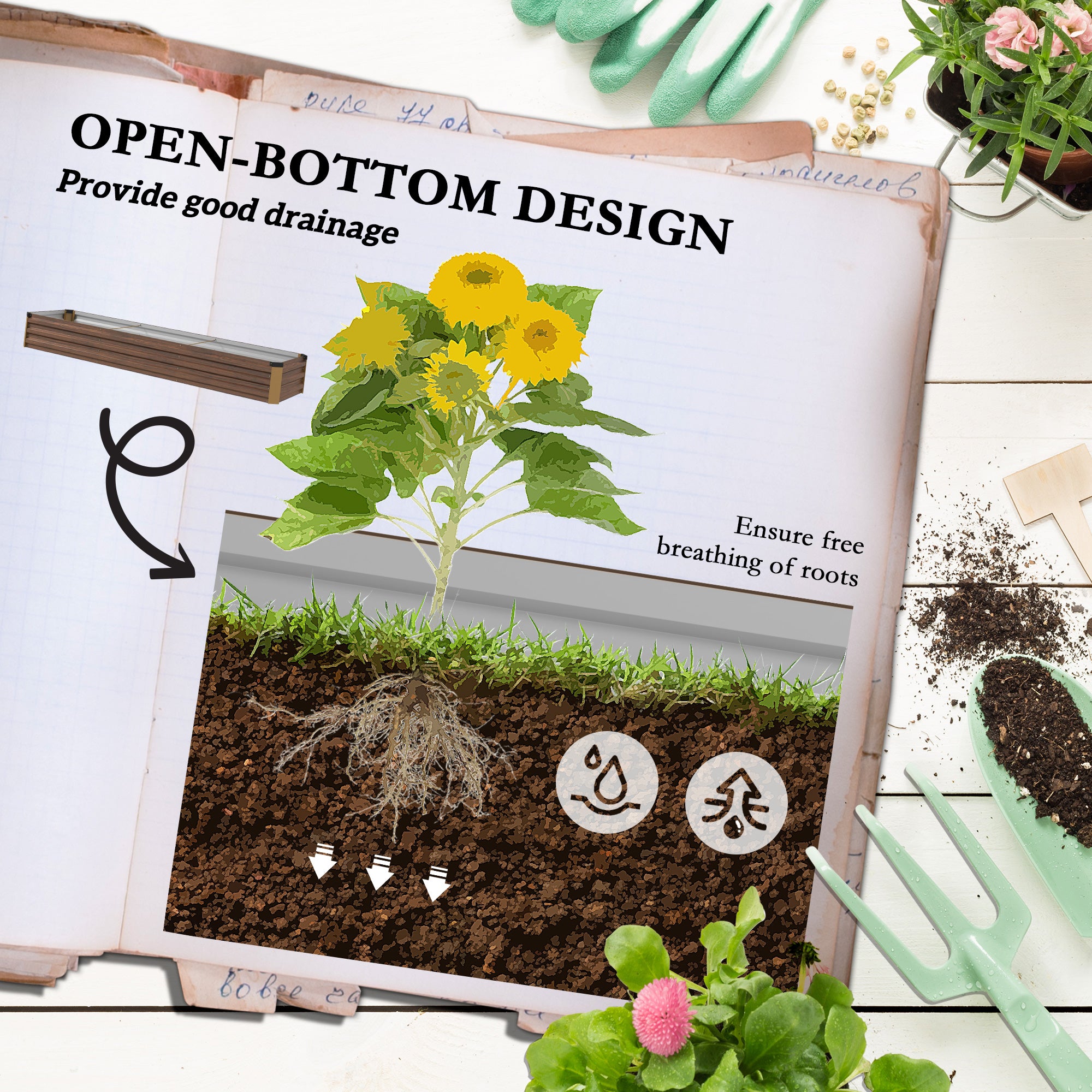 Outsunny 8'x2'x1' Galvanized Raised Bed, Large Elevated Planter Box for Growing Flowers, Herbs and Vegetables, Dark Brown