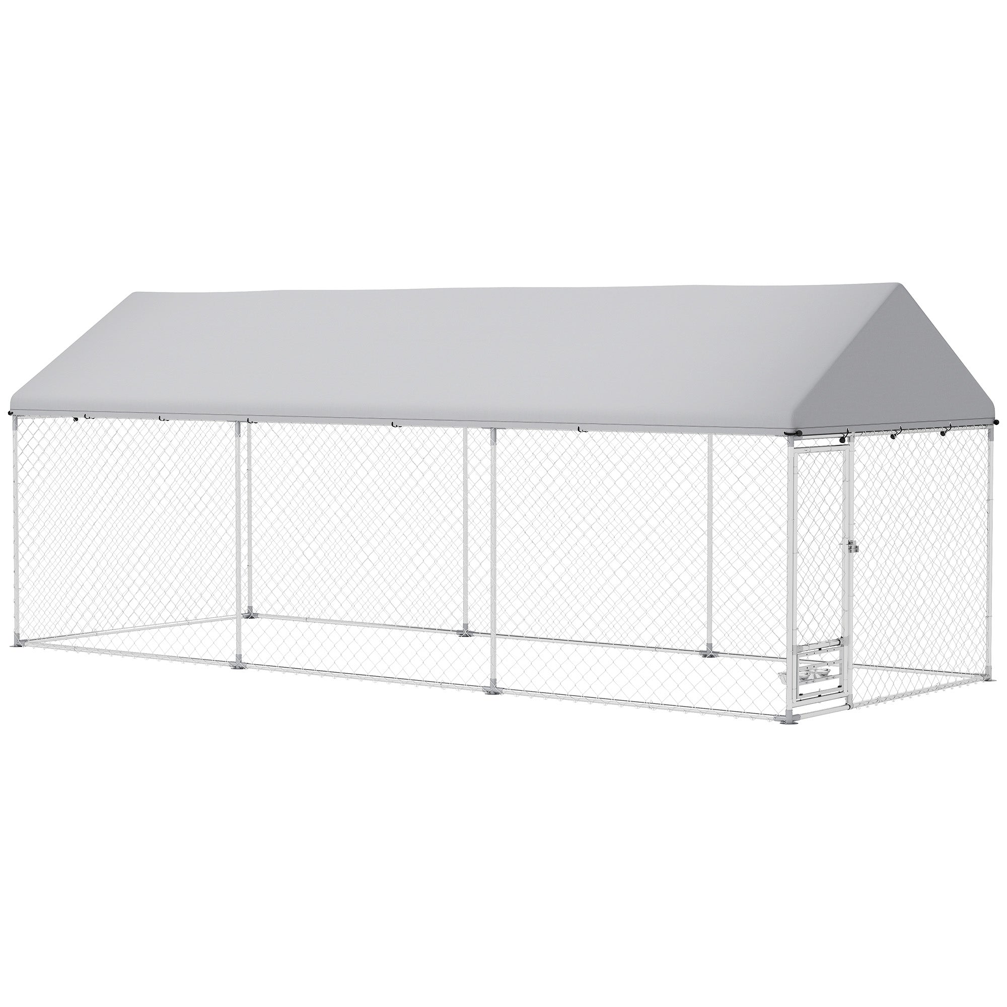 PawHut Outdoor Dog Run with Adjustable & Rotatable Bowls, Waterproof UV-Resistant Cover, Escape-Proof Lock, 19.7' x 7.5' x 7.5'