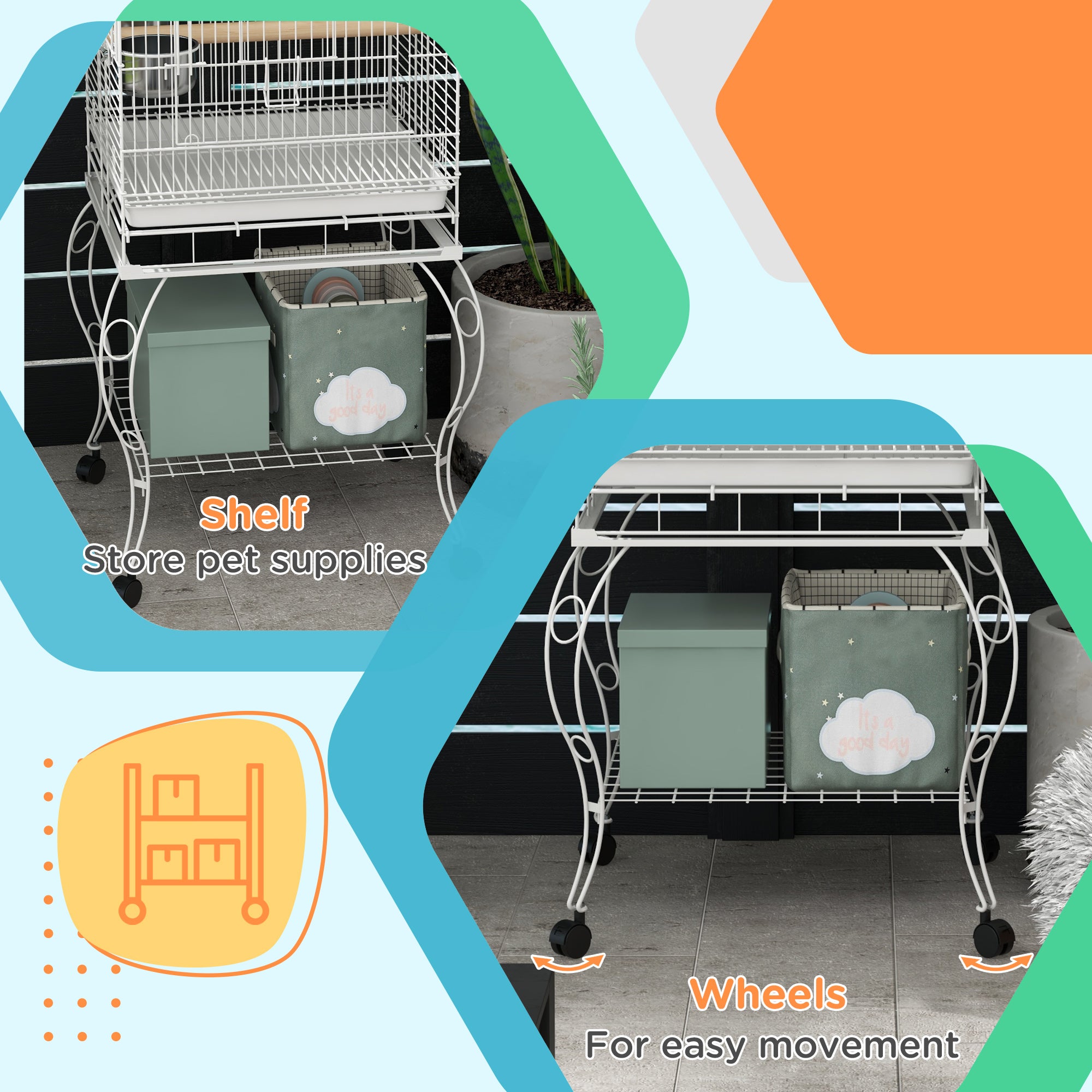 PawHut Play Open Top Bird Cage 60" Parrot Cage for Cockatiel, Sun Conure with Rolling Stand, Removable Tray, Perches, Storage Shelf White, 20.1" x 20.1"