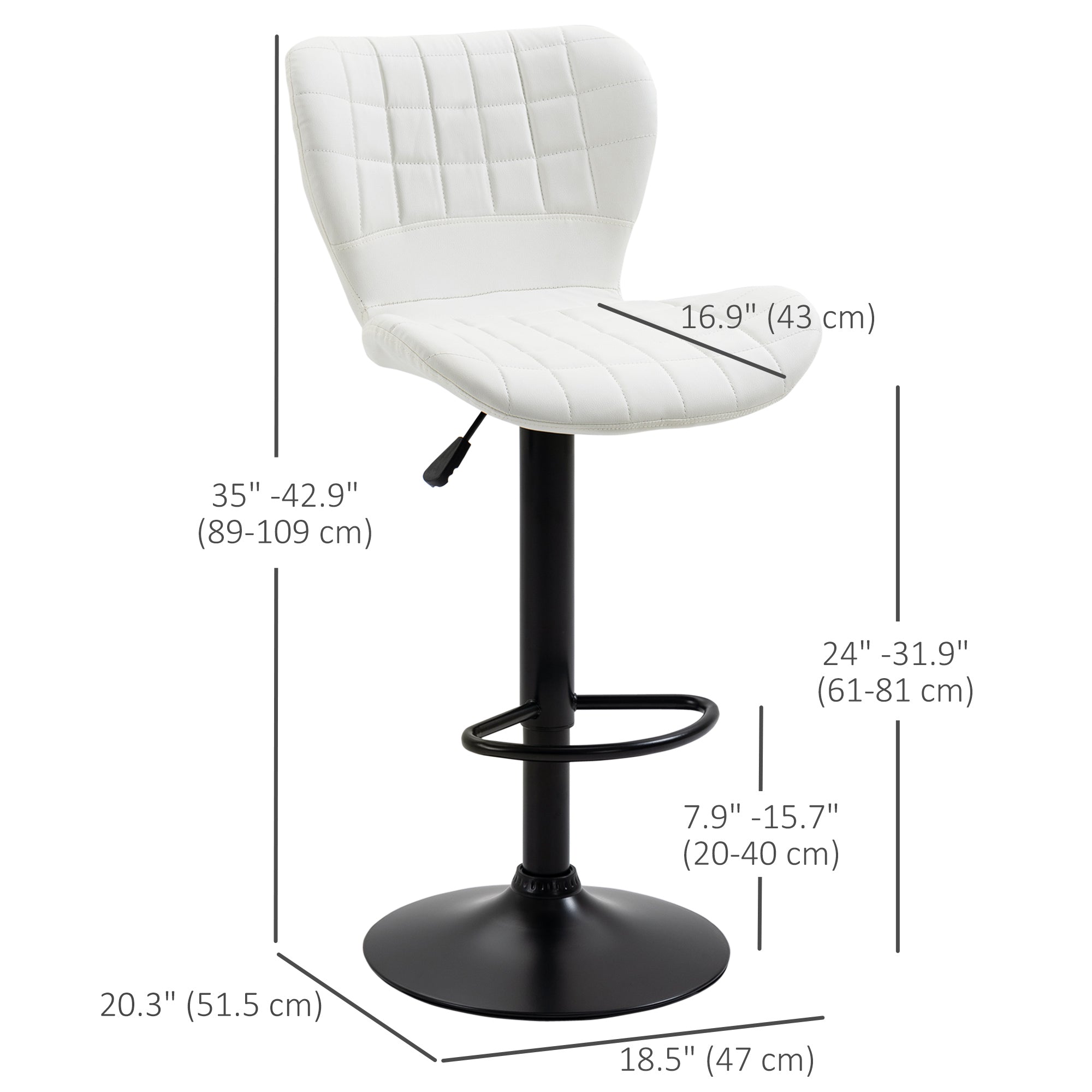HOMCOM Bar Stools Set of 2 Adjustable Height Swivel Bar Chairs in PU Leather with Backrest & Footrest, White