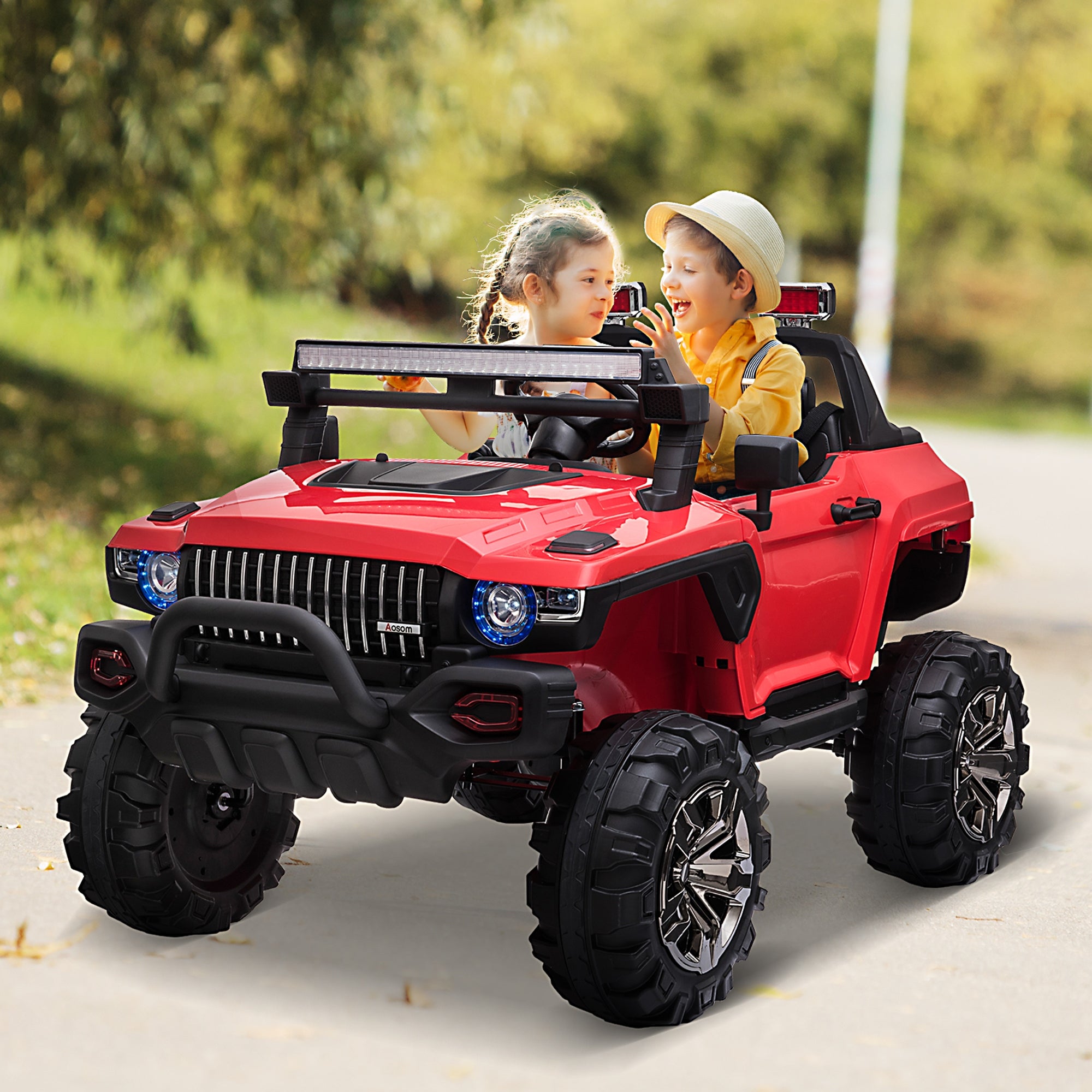 Aosom 2-Seater Kids Ride On Police Car, 12V 7AH Remote Control Police Truck Electric Car for Toddlers with LED Lights, Big Off-road Wheels, 4 Shock Absorbers, MP3, Storage, Red