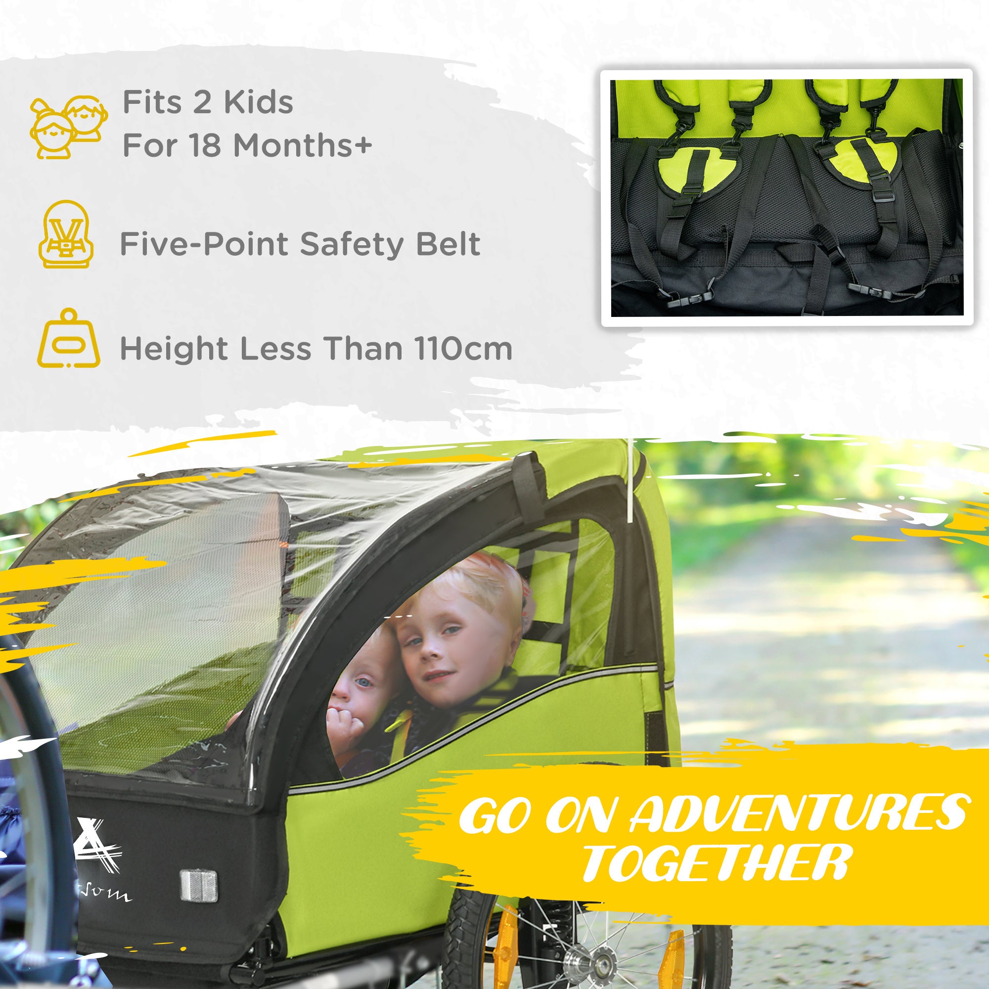 Aosom 2 Seat Bike Trailer for Kids, Baby Stroller with Storage Bag, 5 Point Harness, Bicycle Trailer with 20" Wheels, Green