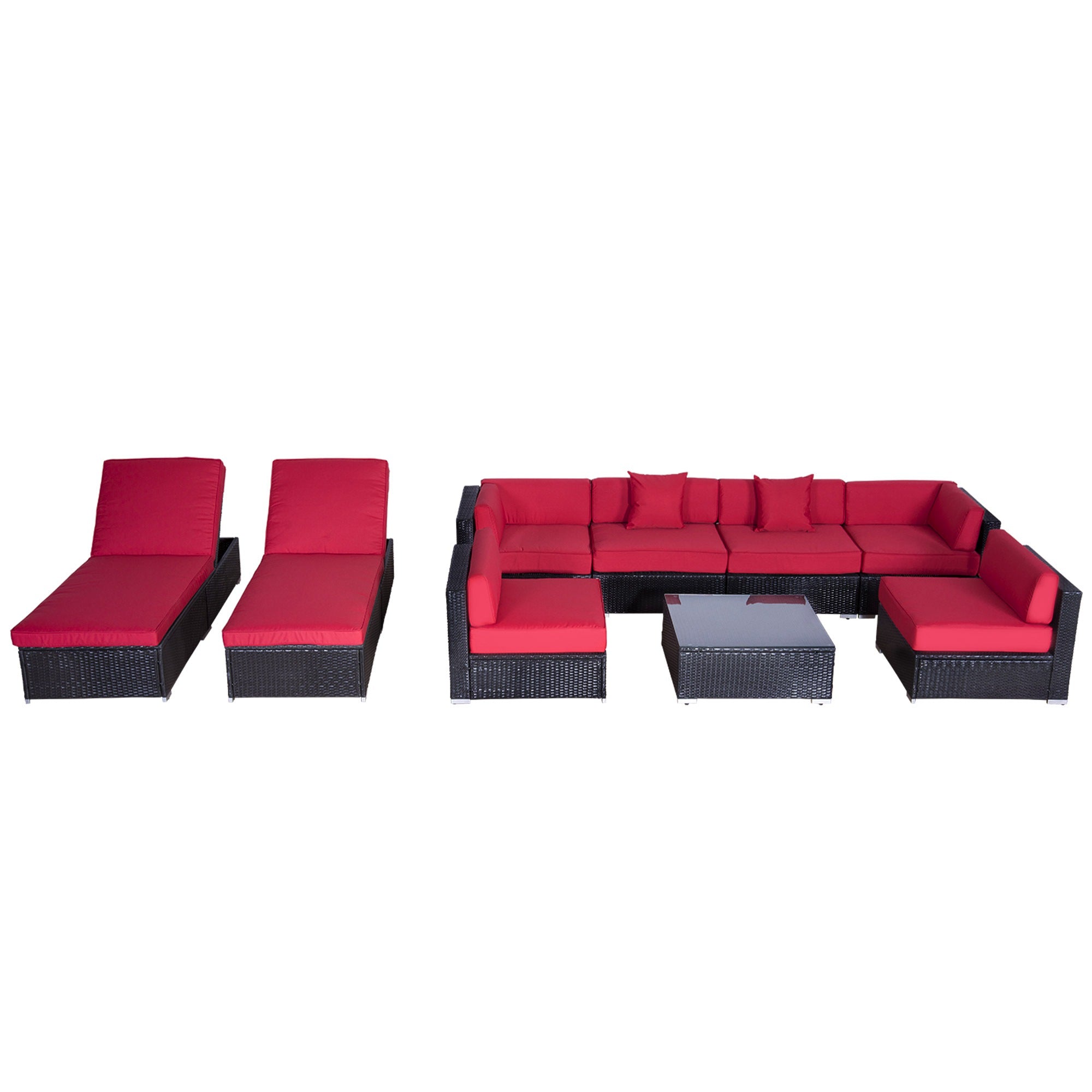 Outsunny 9 Pieces Wicker Patio Furniture Set with Cushion, PE Rattan Outdoor Conversation Set Sectional Sofa Set with 2 Loungers and Glass Tabletop, Aluminum Frame, Coffee & Red