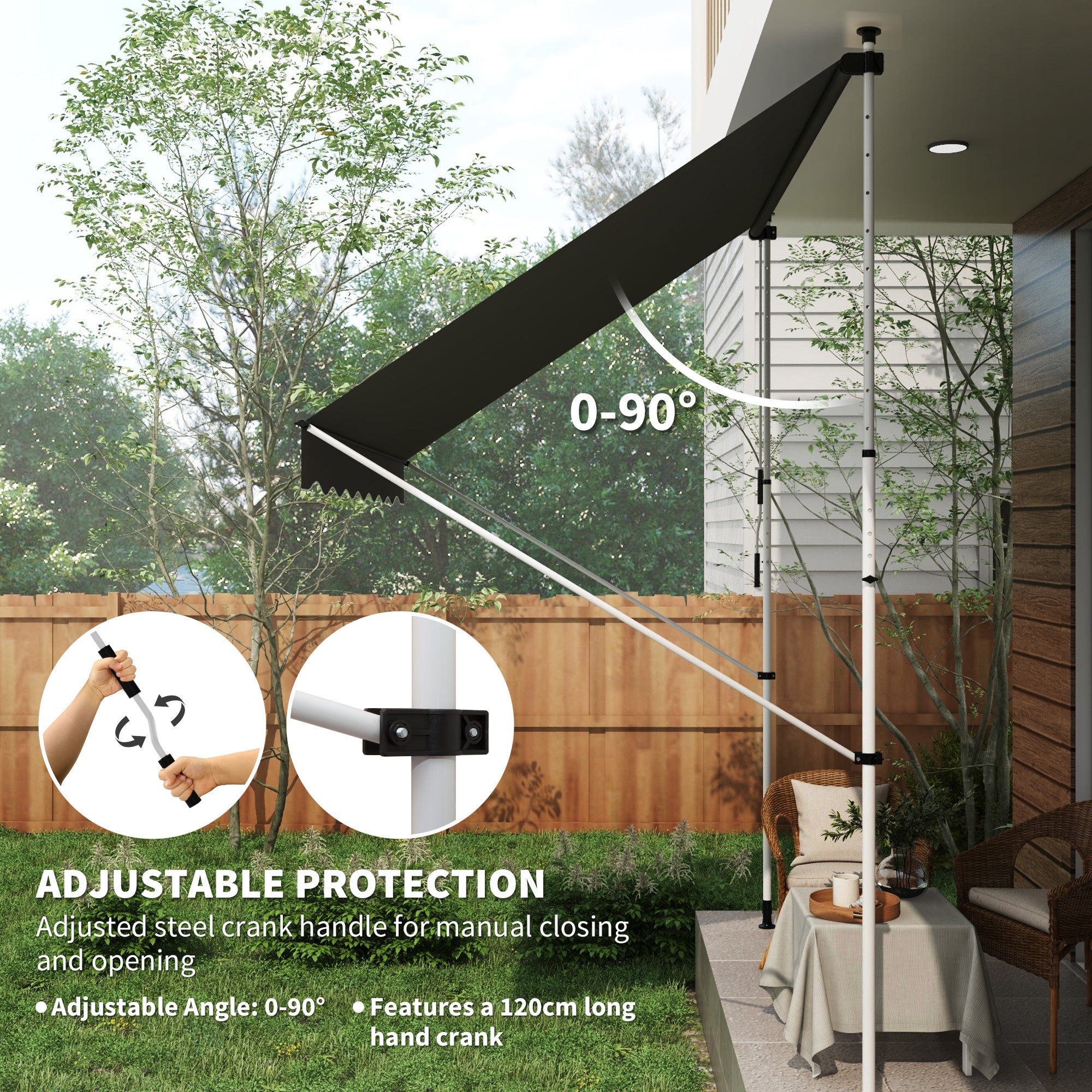 Outsunny 10x5ft Manual Retractable Awning, Patio Sun Shade Canopy Shelter with 5.6-9.2ft Support Pole, Water Resistant UV Protector, for Window, Door, Porch, Deck, Grey