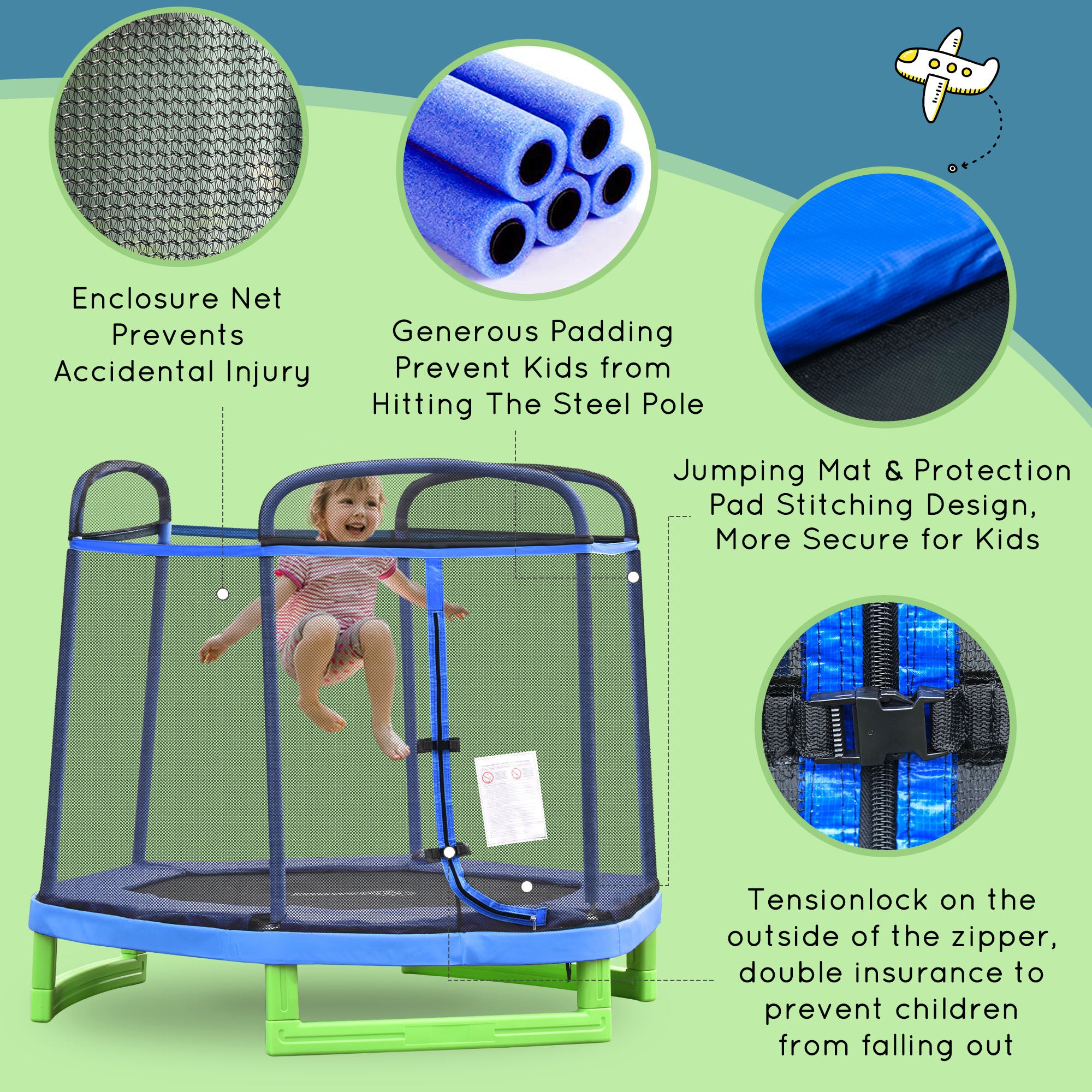 Outsunny 84.75" Kids Trampoline 7 FT Indoor Outdoor Trampolines with Safety Net Enclosure Built-in Zipper Padded Covering, for Boys and Girls, Blue